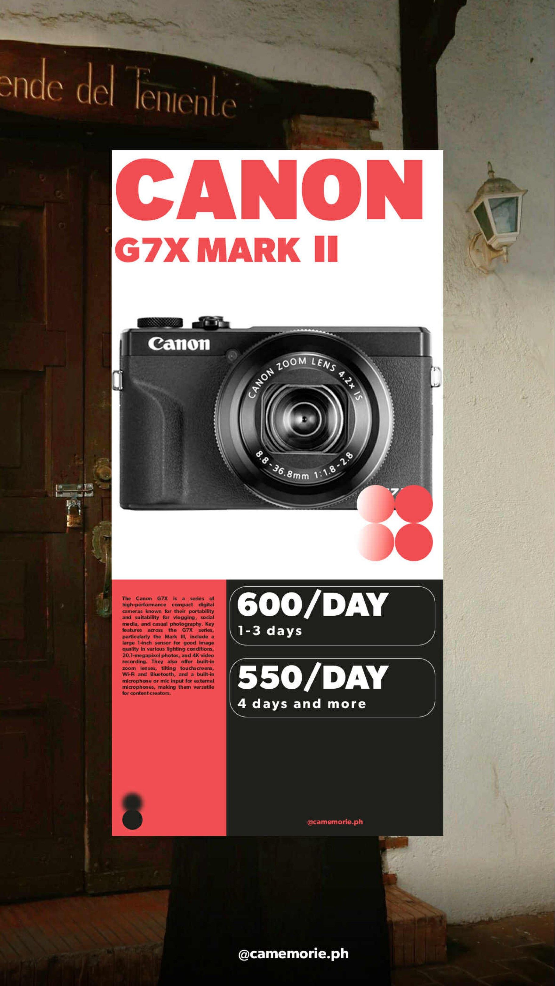CANON G7X MARK II FOR RENT (Category: Cameras) located in Quezon City. Submitted by strawwb (Listing ID 1419445839, Image 1). Description: ➷ DJI Osmo Pocket 3 Creator Combo 📸 ➷ Canon G7X Mark II 🗓️ February & March slots available ‼️ Message me or check our IG @camemorie .ph✨ location: 📍Quezon City | Manila.