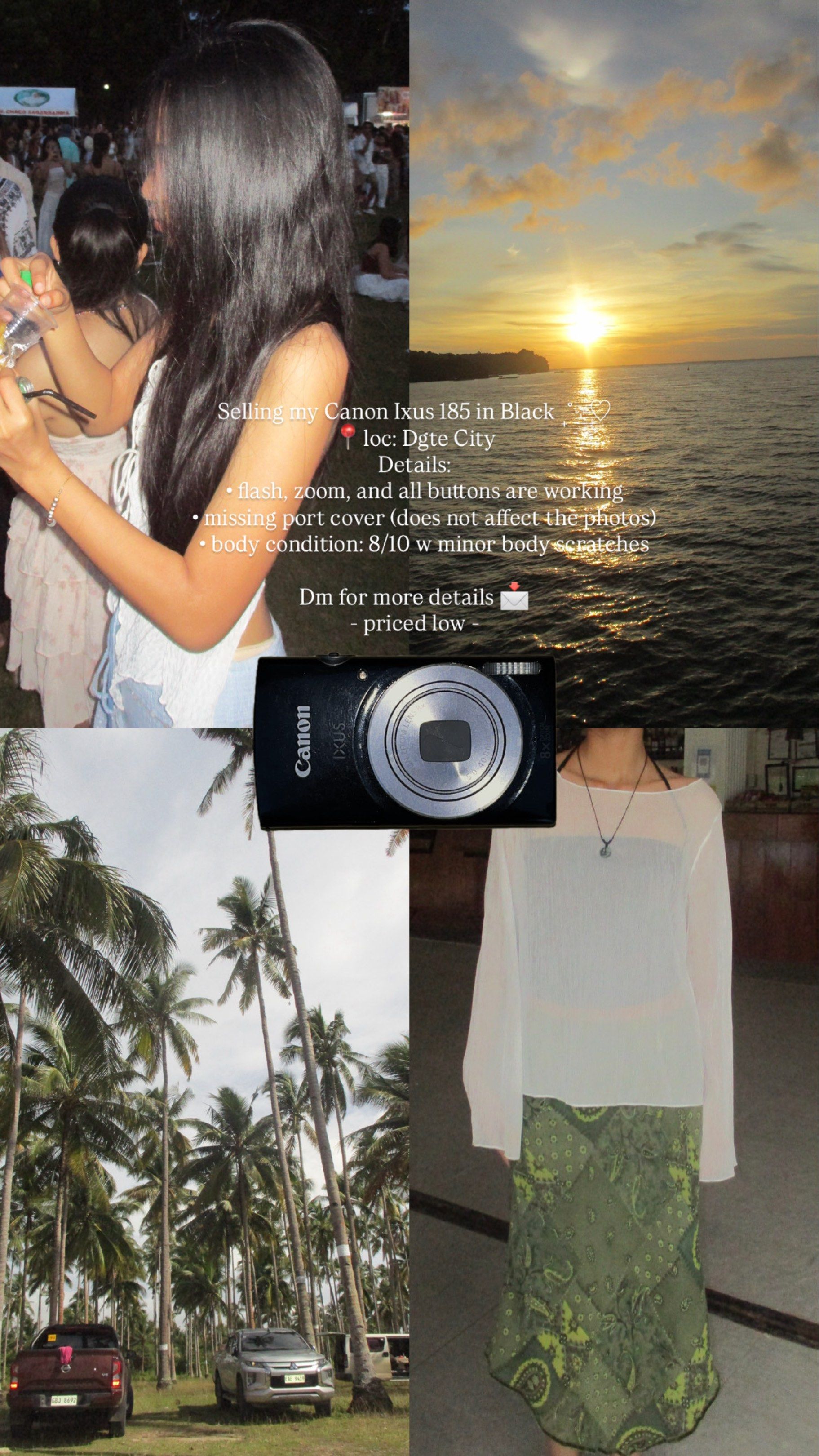 [SOLD] Canon Ixus 185 Digital Camera (Category: Cameras) located in Dumaguete. Submitted by wearflora.co (Listing ID 1419557884, Image 1). Description: Details: • flash, zoom, and all buttons are working ㅤ• missing port cover (does not affect the photos) ㅤ• body condition: 8/10 w minor body scratches ㅤ Specs: ㅤ• 20 mp ㅤ• hd video 1280 x 720, 25 fps ㅤ• 8x optical zoom—16x zoom plus ㅤ• auto mode with 32-scene detection ㅤ• various shooting modes to 
