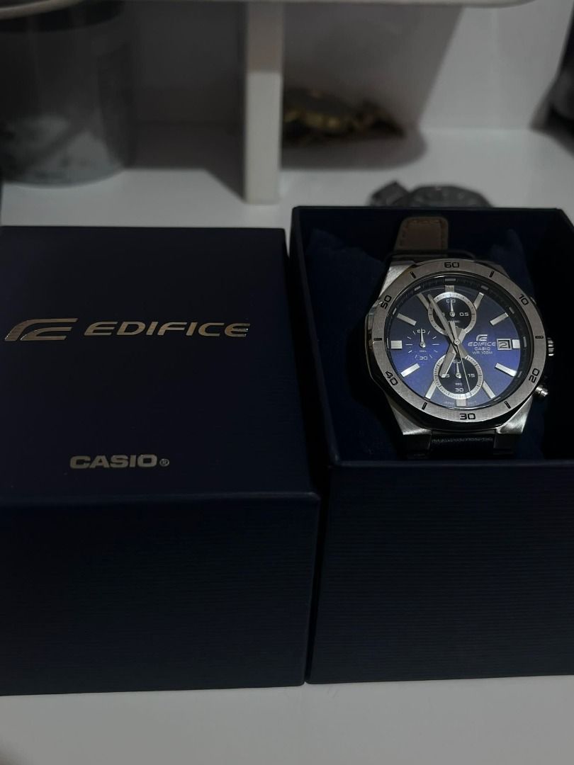 Casio Edifice EFV-640L-2AV (Category: Men's Watches) located in Makati City. Submitted by luckymoonshop (Listing ID 1419576368, Image 2). Description: - Casio Edifice watch - Blue dial with chronograph subdials - Stainless steel bezel - Date display at 3 o'clock - Comes with original box 1st, Casio Edifice EFV-640L-2AV men's watch with a blue dial and a blue genuine leather strap. With complete papers and original box and bag, twice worn, in perf