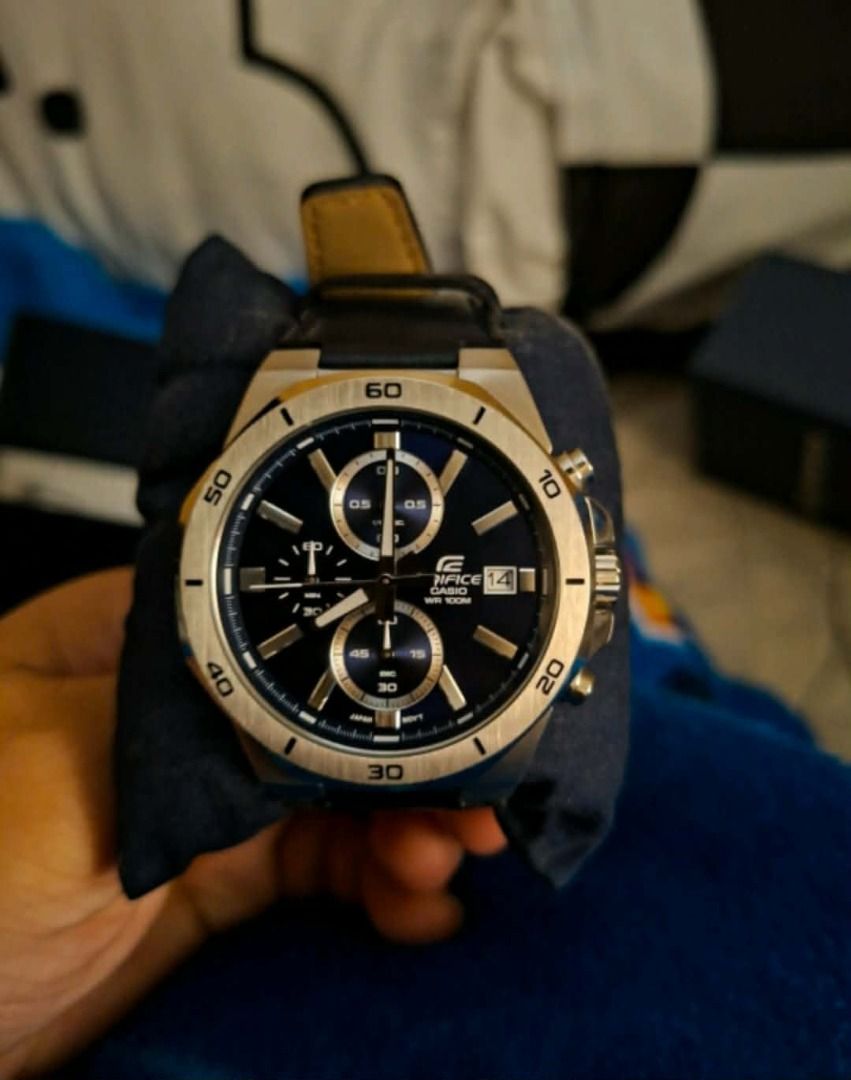 Casio Edifice EFV-640L-2AV (Category: Men's Watches) located in Makati City. Submitted by luckymoonshop (Listing ID 1419576368, Image 1). Description: - Casio Edifice watch - Blue dial with chronograph subdials - Stainless steel bezel - Date display at 3 o'clock - Comes with original box 1st, Casio Edifice EFV-640L-2AV men's watch with a blue dial and a blue genuine leather strap. With complete papers and original box and bag, twice worn, in perf