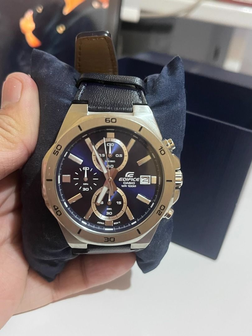 Casio Edifice EFV-640L-2AV (Category: Men's Watches) located in Makati City. Submitted by luckymoonshop (Listing ID 1419576368, Image 3). Description: - Casio Edifice watch - Blue dial with chronograph subdials - Stainless steel bezel - Date display at 3 o'clock - Comes with original box 1st, Casio Edifice EFV-640L-2AV men's watch with a blue dial and a blue genuine leather strap. With complete papers and original box and bag, twice worn, in perf