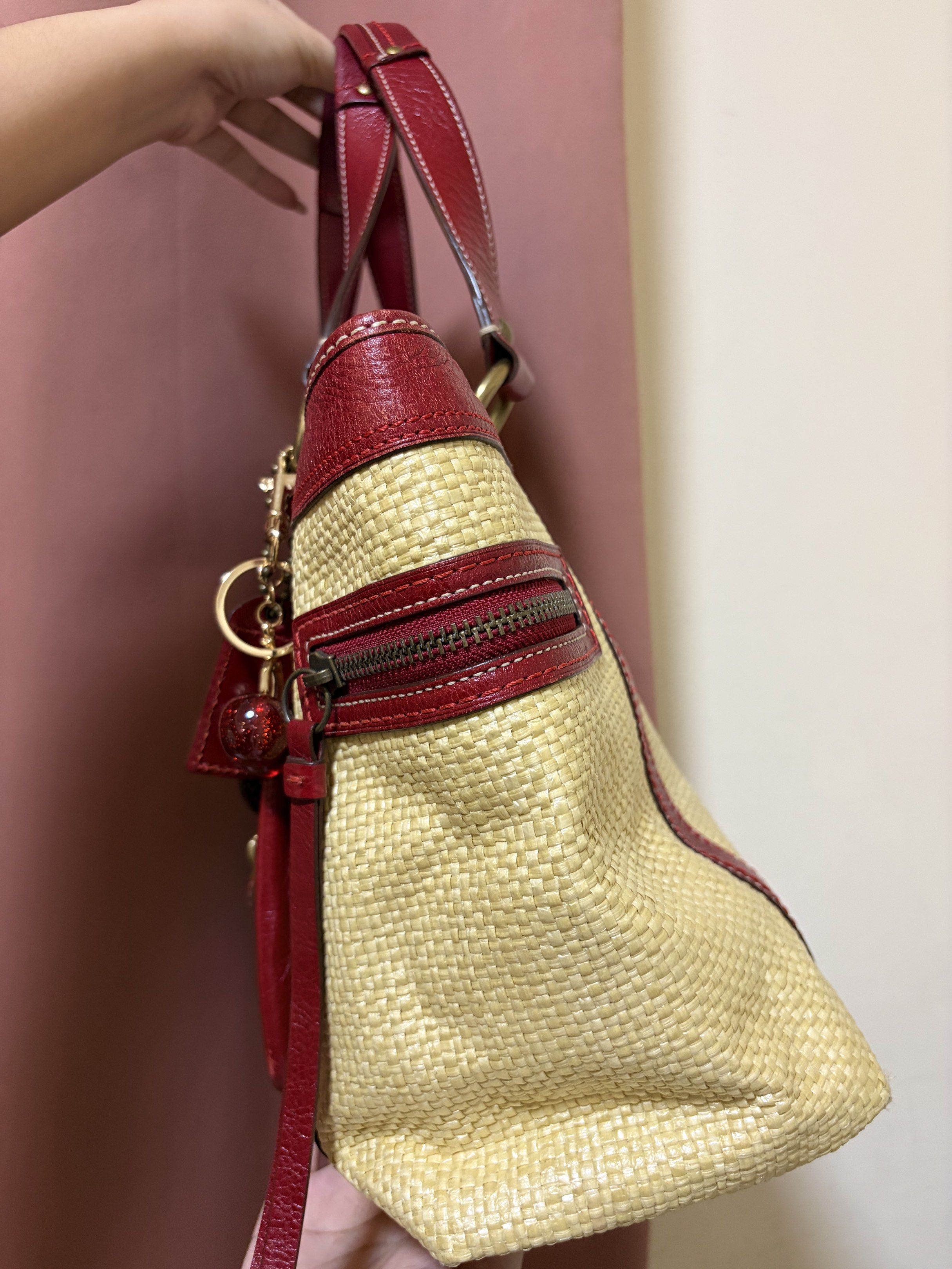 Coach Straw Tote Bag with Cherry Charm (Category: Luxury Bags & Wallets) located in Baliuag. Submitted by bagsbyaju-blueapp (Listing ID 1419392287, Image 3). Description: Clearance sale ‼️ In used but good condition With signs of use Bawal sa maselan.