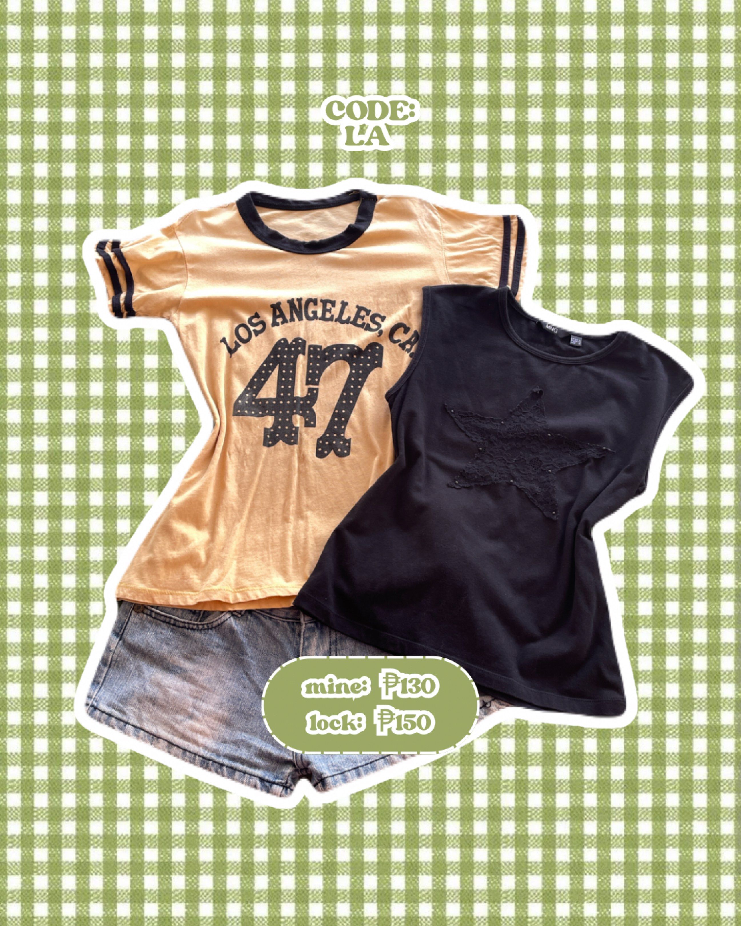 vintage y2k tops and denim short bundle (Category: Sets or Coordinates) located in Mabalacat. Submitted by r__3ft (Listing ID 1419437882, Image 1). Description: ── code: LA ♡ 𝓶𝓲𝓷𝓮: ₱130 ♡ 𝓵𝓸𝓬𝓴 (𝓪𝓾): ₱150 reminders — accessories not included (unless stated) — preloved pieces, please manage expectations | there may be flaws unnoticed by r3 — all items need washing — freebie for 2+ orders ♡ | free shipping for 10+ orders ˎˊ˗ — read rules &