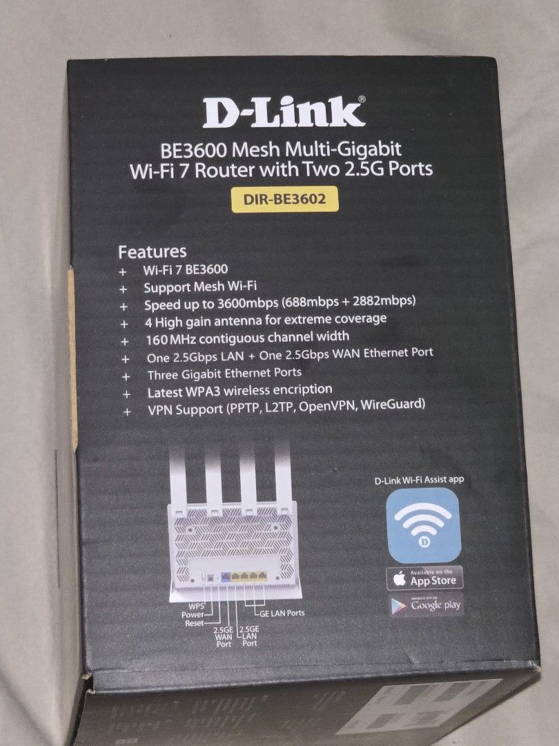 D-Link BE3600 Mesh Wi-Fi 7 Router (Category: Networking) located in Imus. Submitted by jeffquilon (Listing ID 1419452766, Image 3). Description: - D-Link BE3600 Wi-Fi 7 Router - Blazing-fast speeds up to 3600Mbps - Mesh Wi-Fi ready - Extreme coverage with 4 high-gain antennas - Includes two 2.5G ports - Supports VPN - One 2.5Gbps LAN port and three Gigabit Ethernet ports - EasyMesh included.