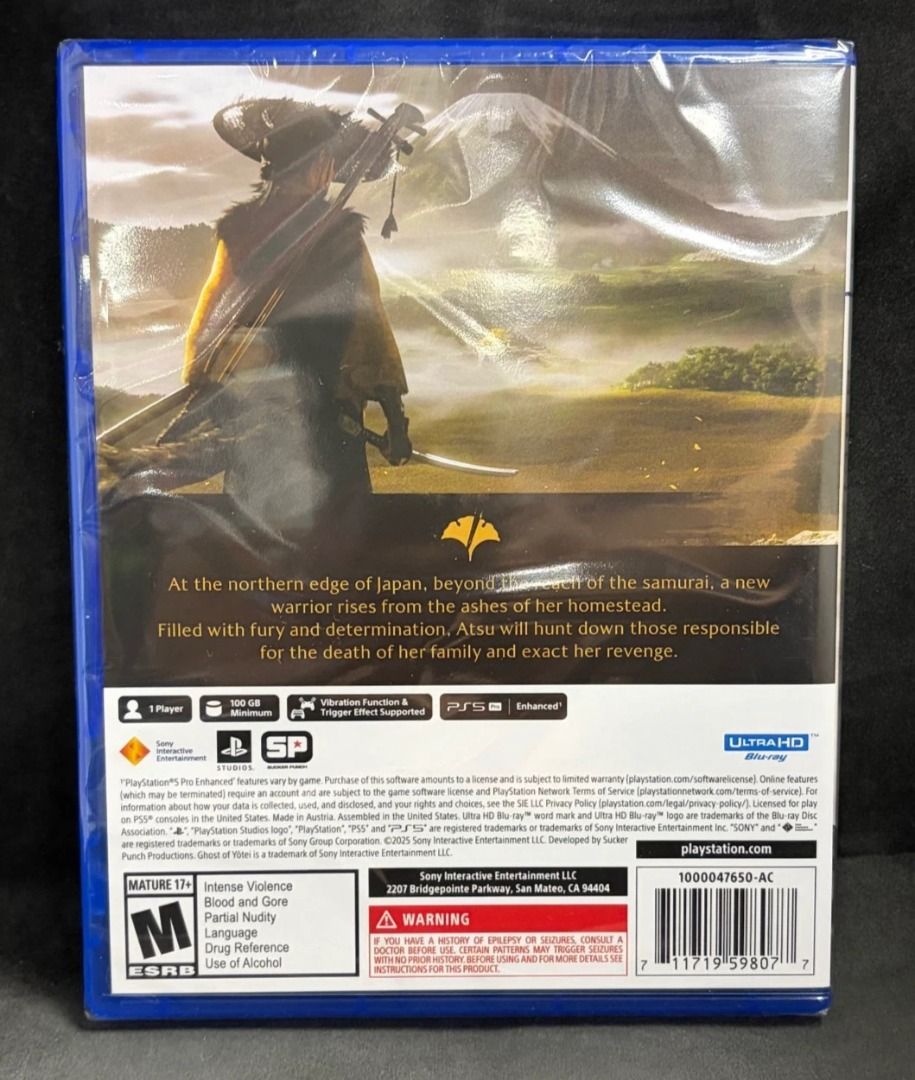 Ghost of Yotei - PS5 (Category: PlayStation) located in Cavite. Submitted by migspan (Listing ID 1419409785, Image 2). Description: Ghost of Yotei for PlayStation 5. Features intense violence, blood and gore, and drug references. Includes enhanced features for PS5. Developed by Sucker Punch Productions. The game is rated M for Mature 17+. Includes a Blu-ray disc..