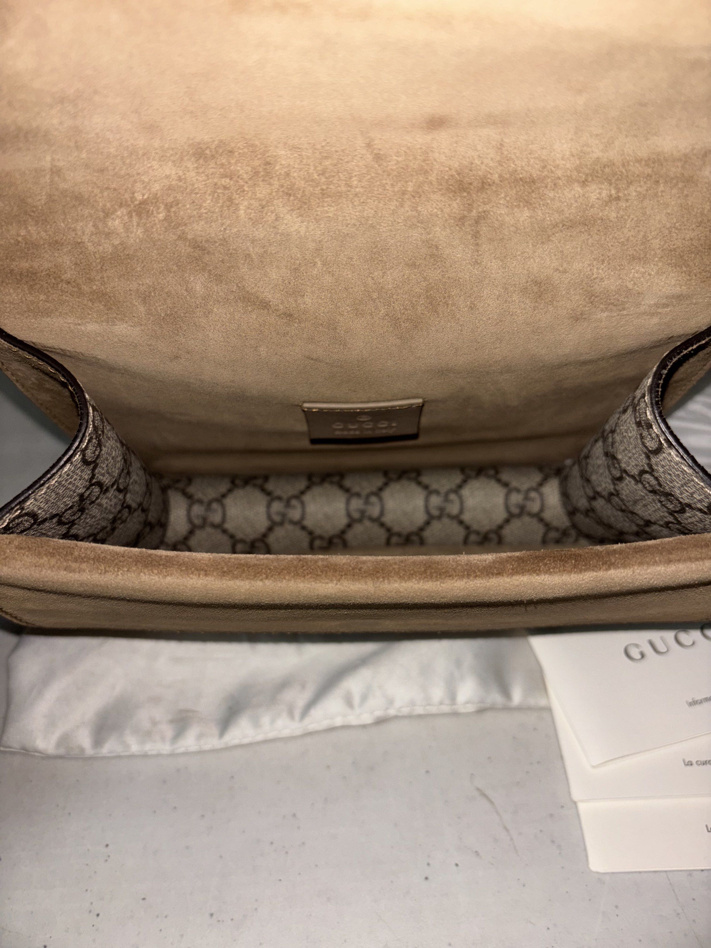 Gucci Mini Dionysus Shoulder Chain Bag (Category: Luxury Bags & Wallets) located in Quezon City. Submitted by sam.kim (Listing ID 1419541280, Image 3). Description: Gucci Mini Dionysus Shoulder Chain Bag - Authentic, Purchased year 2020 from DesignerDepotPH - Coloe: Taupe - With paper bag, dust bag, and cards - Used, excellent condition - Rfs: decluttering.