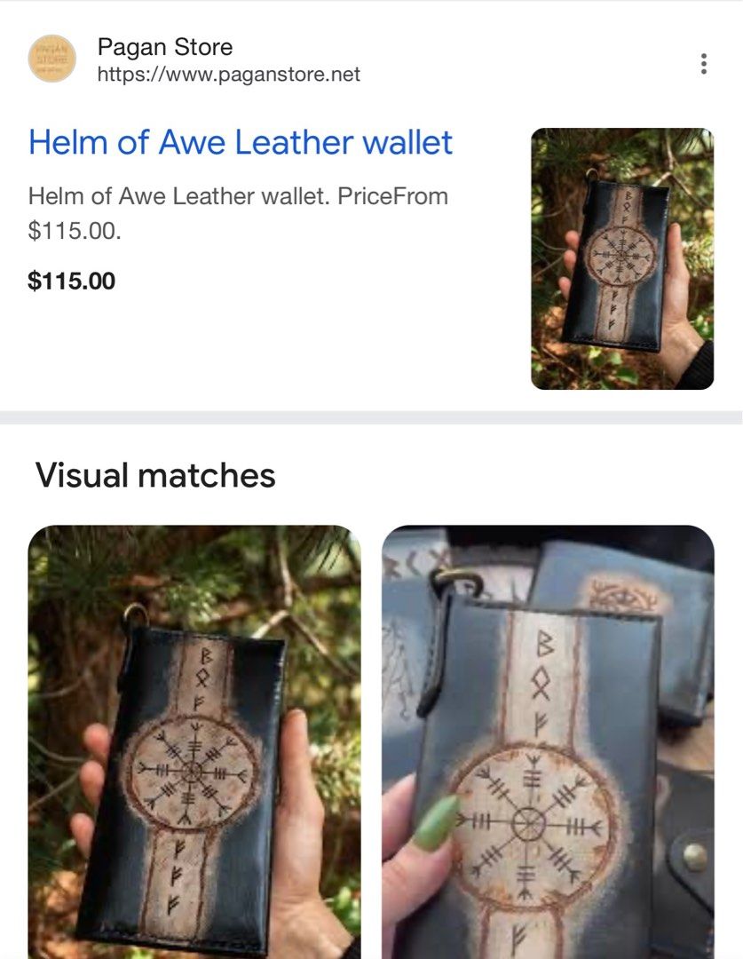 Helm of Awe Leather Wallet (Category: Luxury Bags & Wallets) located in Manila. Submitted by gee0505 (Listing ID 1419448106, Image 3). Description: - Black leather wallet - Tan stripe detail - Features the Helm of Awe symbol - Multiple card slots - Snap closure - Black leather interior - Unique design for Norse culture enthusiasts.