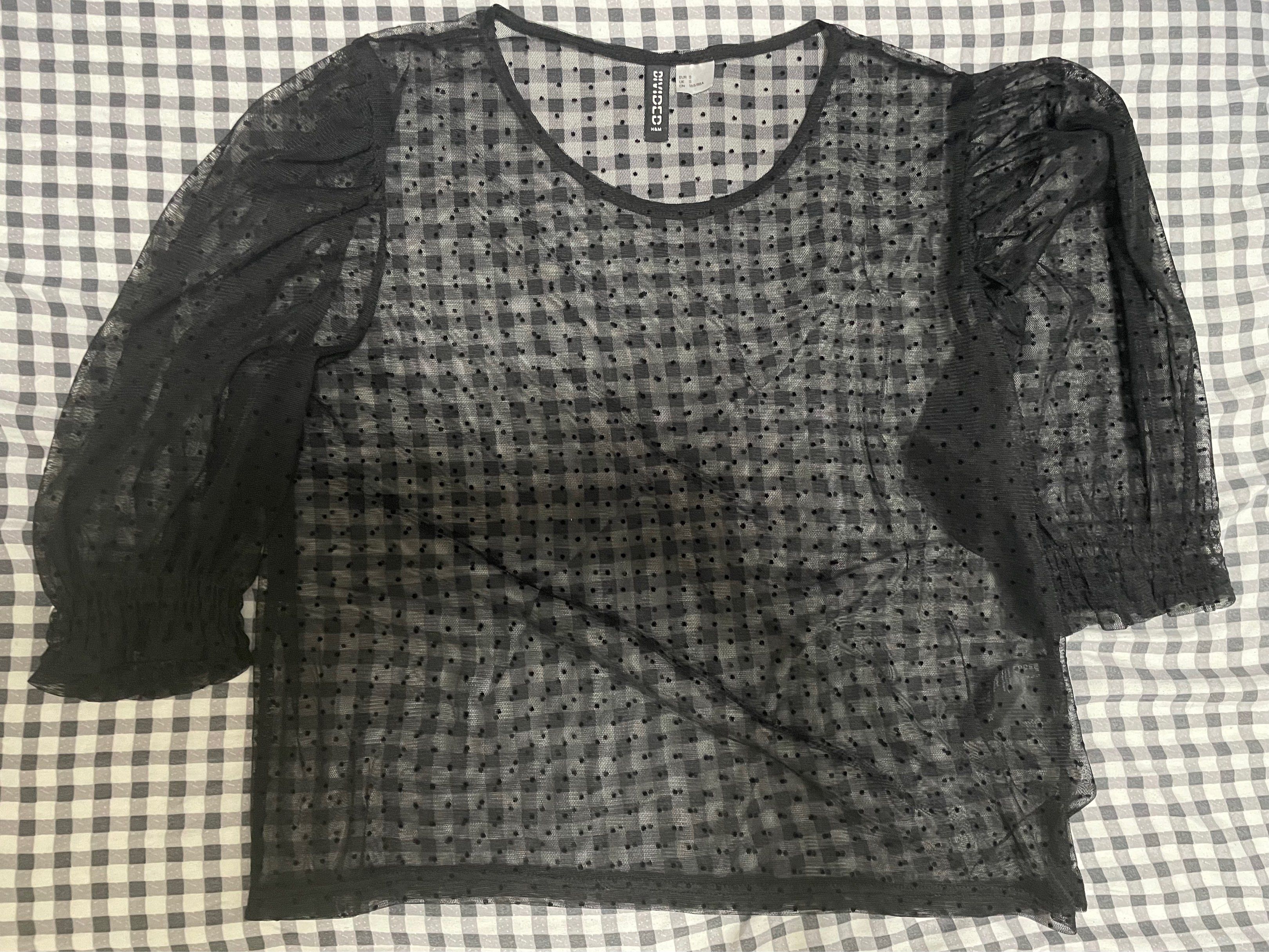 H&M/Divided Black Sheer Top (Category: Blouses) located in Quezon City. Submitted by mclbee (Listing ID 1419503632, Image 1). Description: - H&M Divided black sheer top - Size: S - Features: - Round neckline - Quarter sleeves with gathered cuffs - polka dots.
