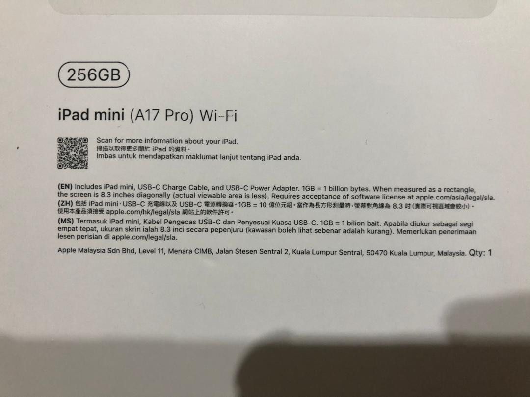 ipad mini (Category: iPad) located in Kuala Lumpur. Submitted by piku.nara (Listing ID 1419477564, Image 3). Description: bnib apple ipad mini a-17 pr chip 256gb got it as a gift not really fit me due to the size rm2200 cod is preferable .