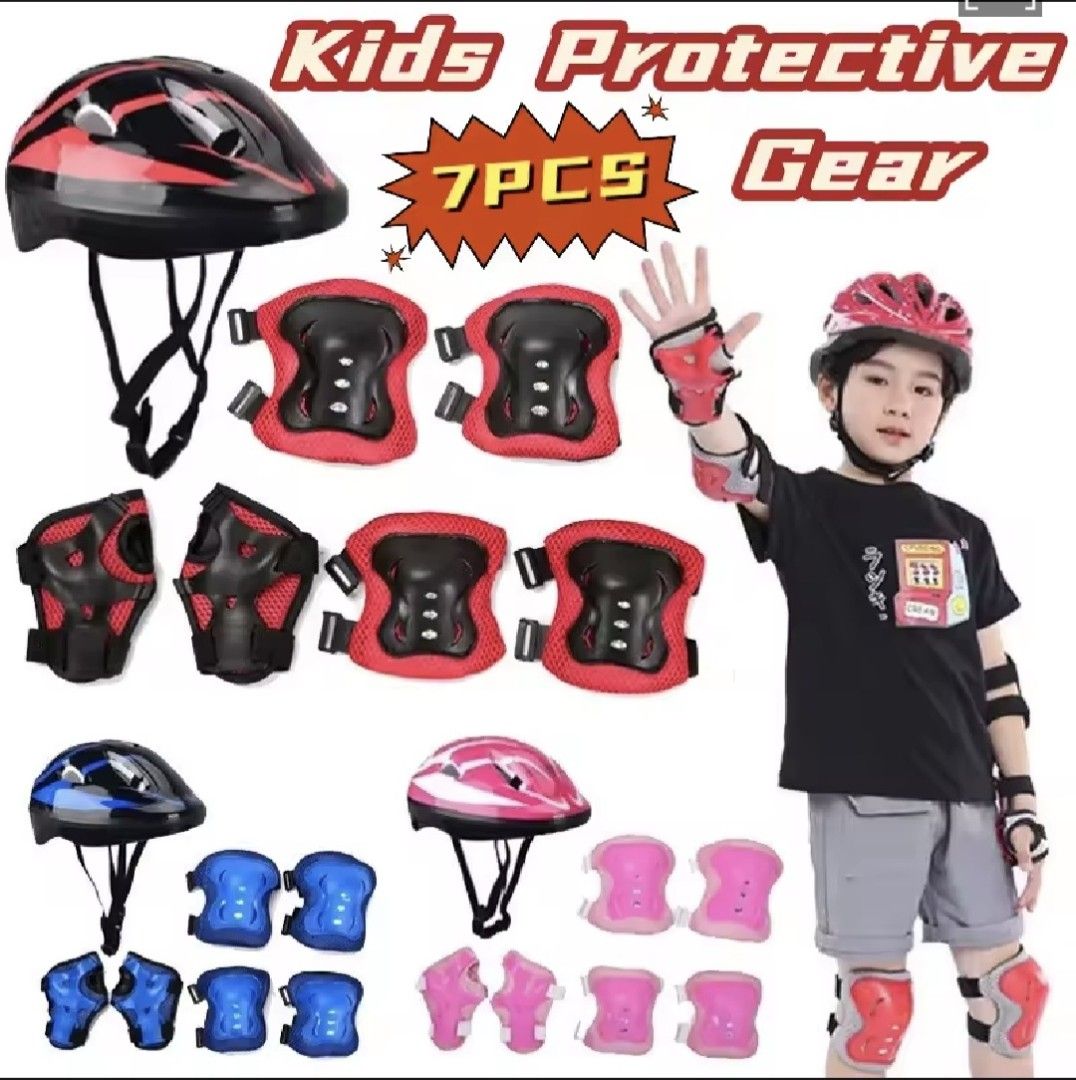 Kids Protective Gear Set - 7 Pieces (Category: Babies & Kids Fashion) located in Antipolo. Submitted by CharliesBox (Listing ID 1419411152, Image 1). Description: - Complete 7-piece protective gear set for kids. - Includes: Helmet, knee pads, elbow pads, and wrist guards. - Color: Red - Perfect for skating, cycling, and other outdoor activities. - Provides essential protection for young riders. - Designed for safety and fun..