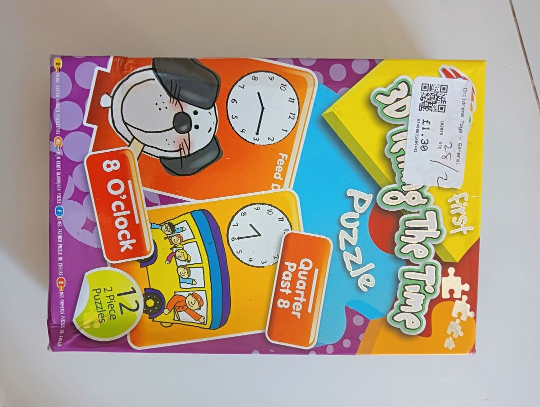 My First 3D Telling The Time Puzzle (Category: Educational & Learning Toys) located in Porac. Submitted by redapple24 (Listing ID 1419408338, Image 1). Description: - 12 two-piece puzzles - Helps kids learn to tell time - Matches clock faces to times - Features illustrations of daily routines (brushing teeth, going to school) - Educational and engaging.