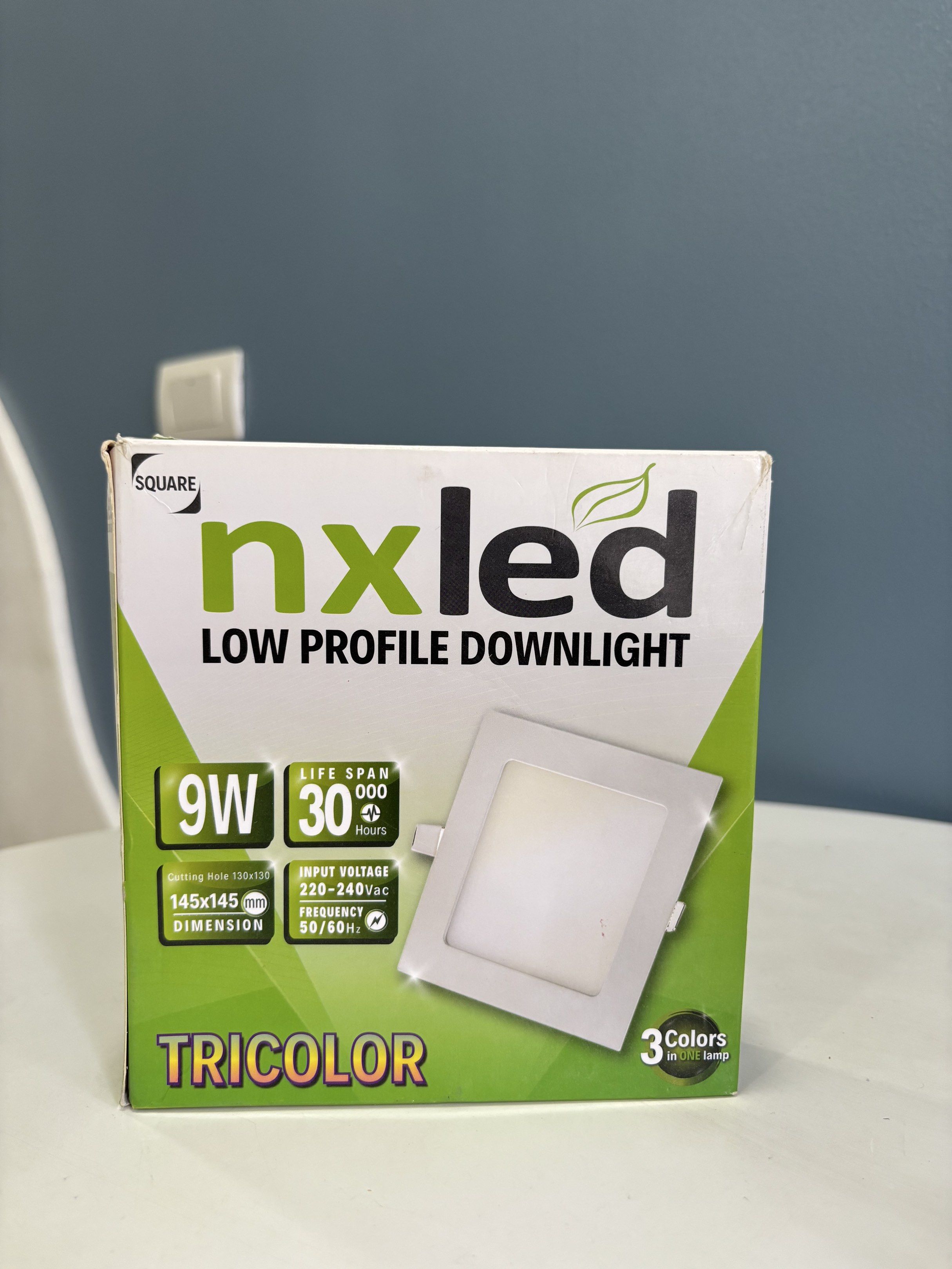 nxled Tricolor Low Profile Downlight 9W (Category: Lighting) located in Pasig City. Submitted by apdb_ (Listing ID 1419395801, Image 1). Description: Nxled low profile downlight. It has a 9W power rating and a lifespan of 30,000 hours. The dimension is 145x145mm, and the cutting hole size is 130x130. It operates on an input voltage of 220-240Vac with a frequency of 50/60Hz. It offers tricolor options..