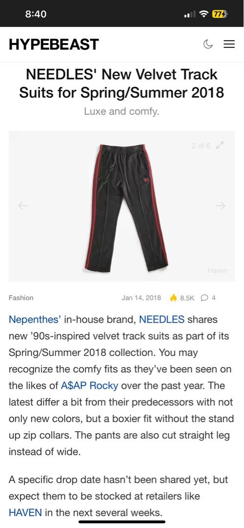 Rare Needles Velvet Track Pants (Category: Joggers) located in Manila. Submitted by thevintage90_sretro. (Listing ID 1419503543, Image 1). Description: Needles Trackpants Made in Japan Medium fits 30-36 📩.