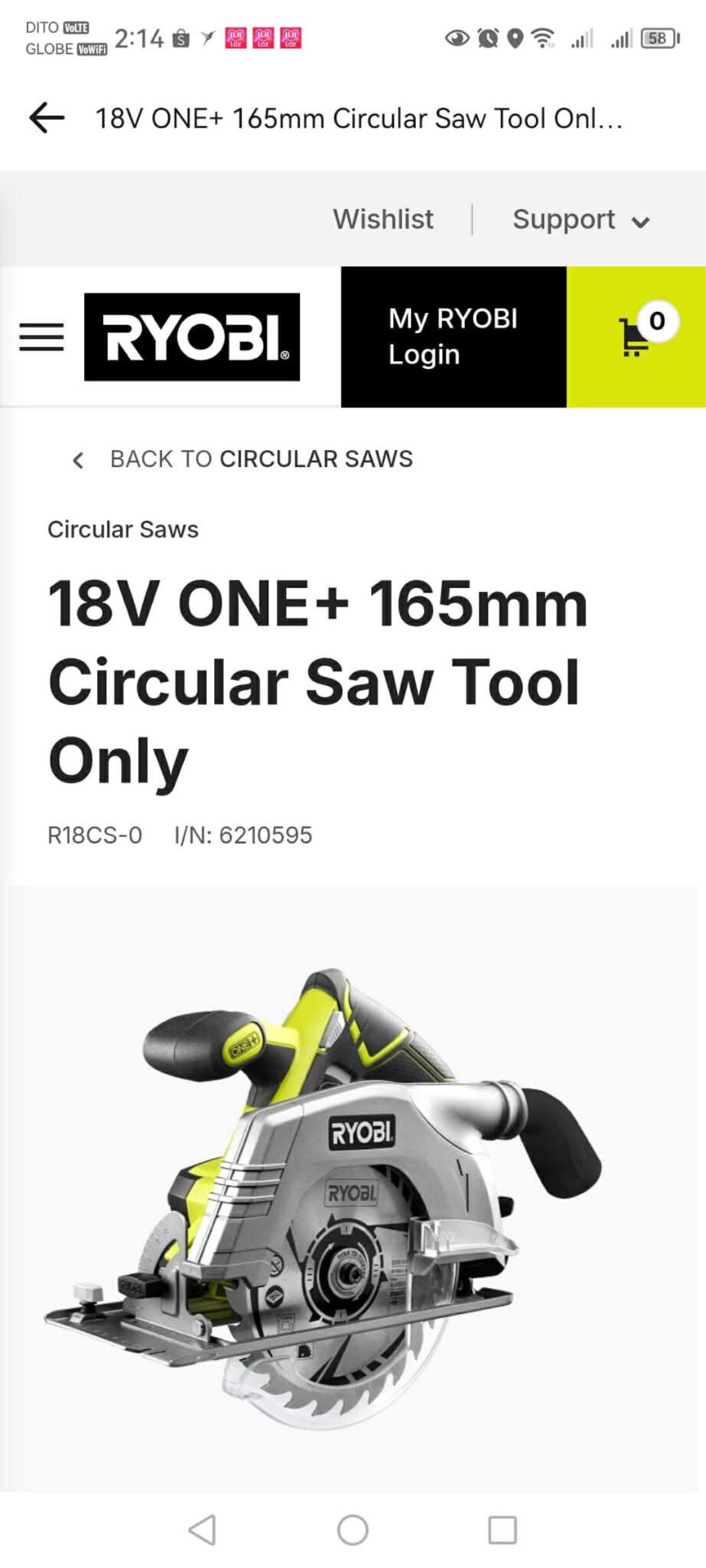 Ryobi 18V ONE+ 165mm Circular Saw (Category: Construction Tools & Equipment) located in Taytay. Submitted by mikz_1303 (Listing ID 1419538078, Image 1). Description: Ryobi Wireless Circular Saw Good Condition With 5.0 lithium battery 18v With charger 165mm Pick up in Taytay 6k.