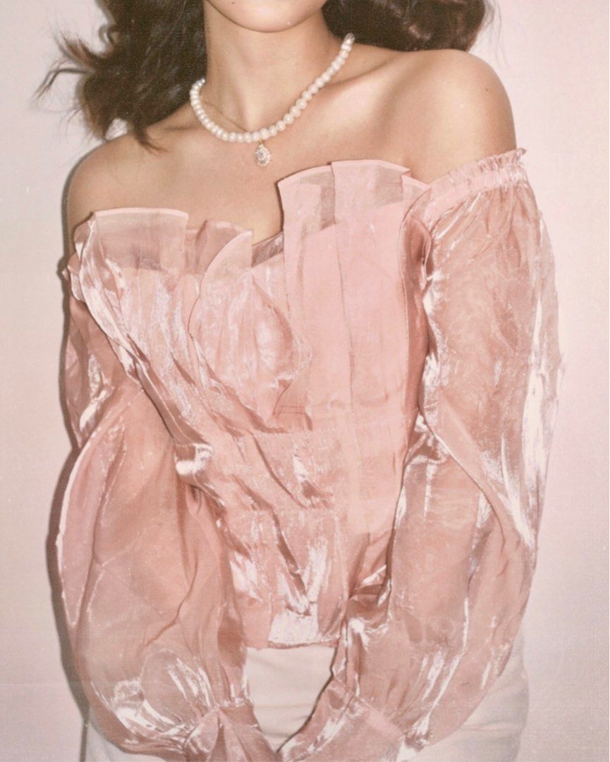 sheer organza fabric off-shoulder top (Category: Others Tops) located in Quezon City. Submitted by buyfromrubyjane (Listing ID 1416094734, Image 1). Description: worn ONCE only! selling the item since im not into off-shoulder tops – can provide actual pictures fit & sizing: 🎀 true to size (model is size small–semi medium) for reference: 32” bust, 26” waistline 🎀 fitted through the bodice 🎀 comfortable stretch at the neckline details: 🎀 off-sh