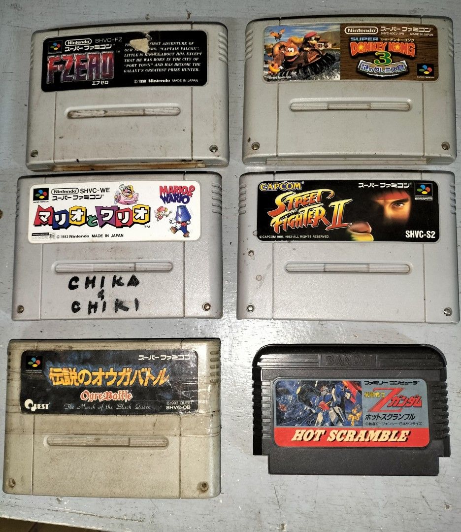 Super Famicom/ Famicom Games (Category: Nintendo) located in Balanga. Submitted by gioden (Listing ID 1419452711, Image 1). Description: F-Zero -400 Donkey Kong Country 3 - 400 Mario & Wario - 500 Street Fighter II - 400 Ogre Battle Bootleg no save- 200 Gundam Hot Scramble - 250. These are Japanese versions of the games. All cartridges are in their original form. BUNDLE 1600 Mode of Payment: GCASH or PAYMAYA Courier: LBC, J&T or JRS Express Shipp