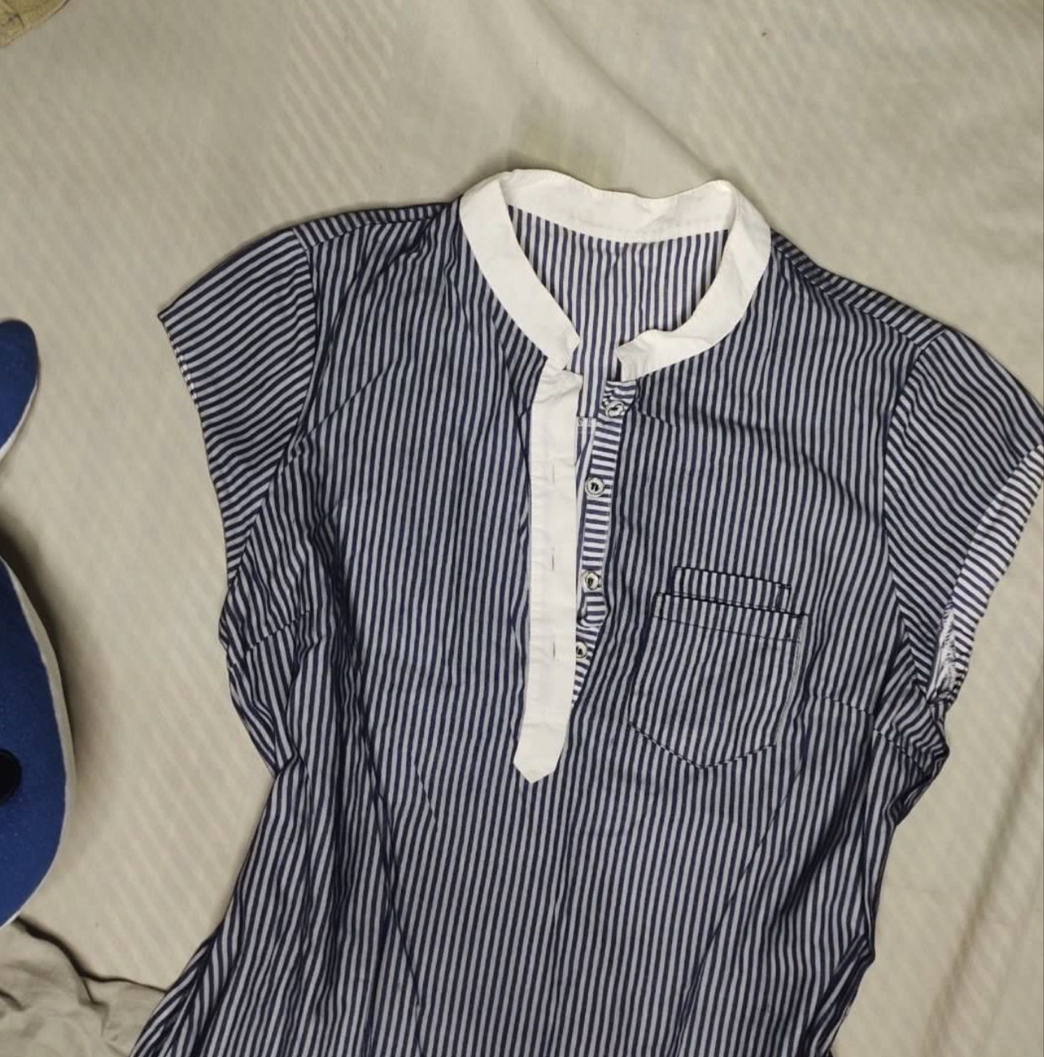 Striped Dress with White Collar (Category: Dresses) located in Pasig City. Submitted by decluttersbyali (Listing ID 1419546168, Image 2). Description: - Blue and white striped pattern - White collar - Single chest pocket - Short sleeves - Sheer black hemline - Button-down front - Lightweight fabric - Ideal for warm weather.