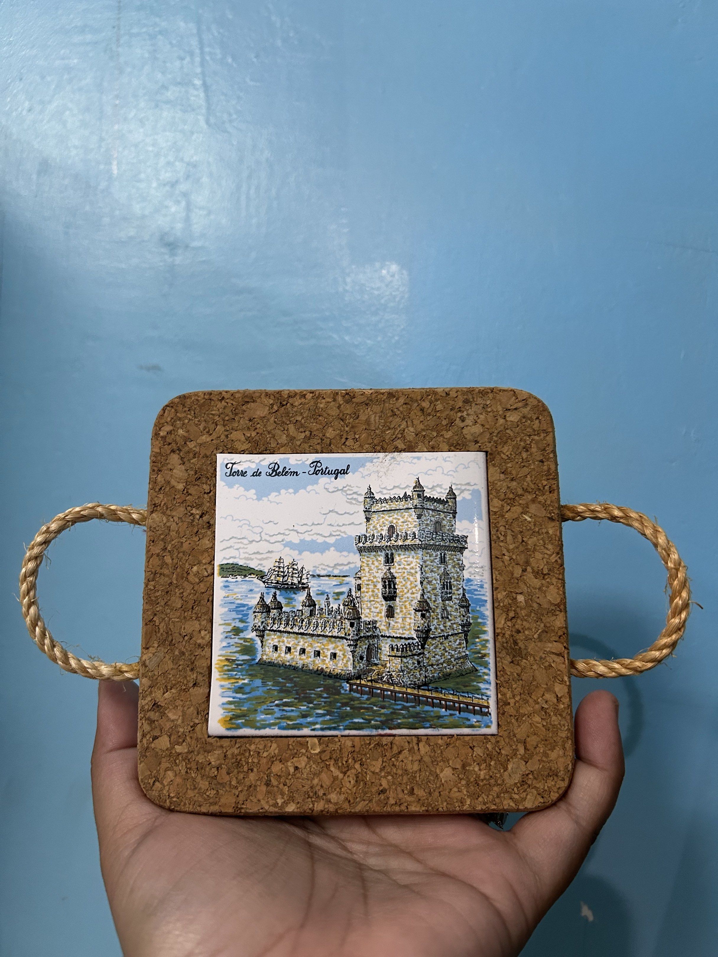 Torre de Belem Portugal Coaster (Category: Coffee & Tea Tableware) located in Catbalogan. Submitted by jpnsrpls (Listing ID 1419392749, Image 1). Description: 🟫 Portugal Souvenir Cork Trivet / Décor 🇵🇹 Torre de Belém – Lisbon, Portugal 🖼️ Ceramic tile center with cork frame 🪵 With rope handles ✨ Good condition Perfect as kitchen décor, table trivet, or wall display ✨.