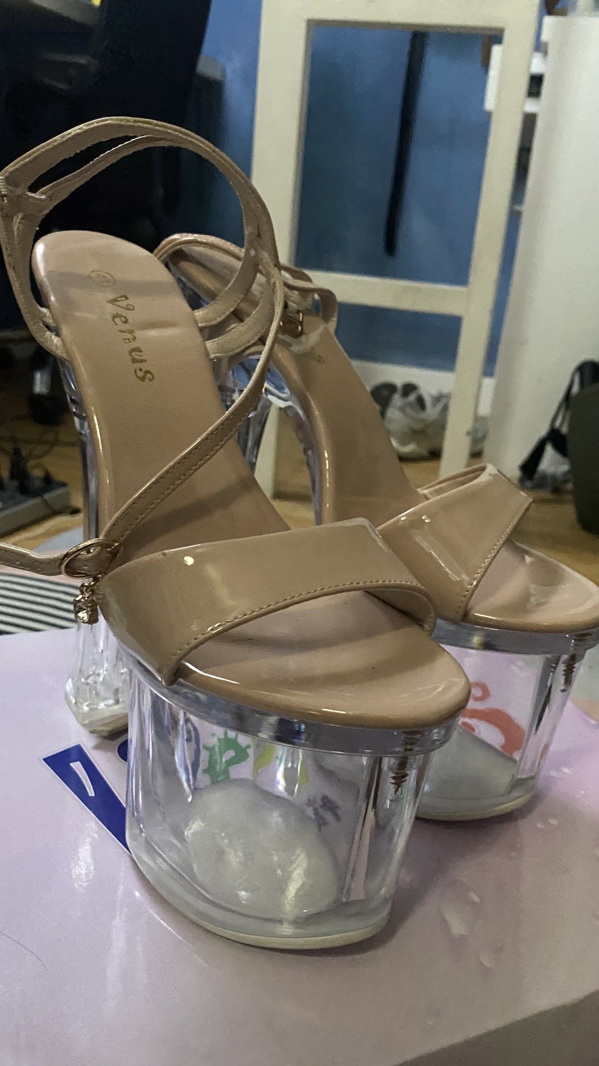 Venus Clear Platform Heels - Size 41 (Category: Heels) located in Manila. Submitted by derekgerar78806 (Listing ID 1419410314, Image 2). Description: - Venus platform heels - Nude color - Size 41 - Clear straps and heels - Comes with original box - Perfect for special occasions.