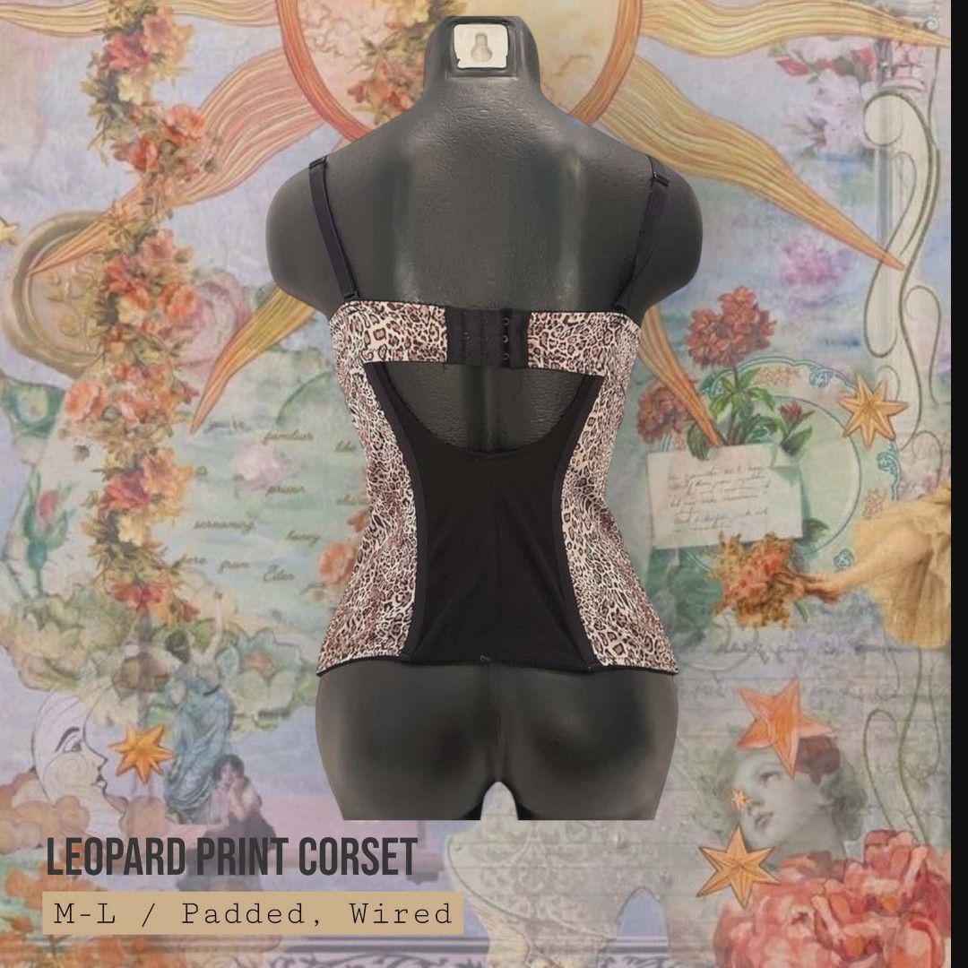 Y2k Gyaru Leopard Print Corset Push Up (Category: Others Tops) located in Mangaldan. Submitted by nirvanugh (Listing ID 1419445484, Image 2). Description: - Leopard print corset - Size: M-L - Padded and wired, PUSH UP - Adjustable straps.