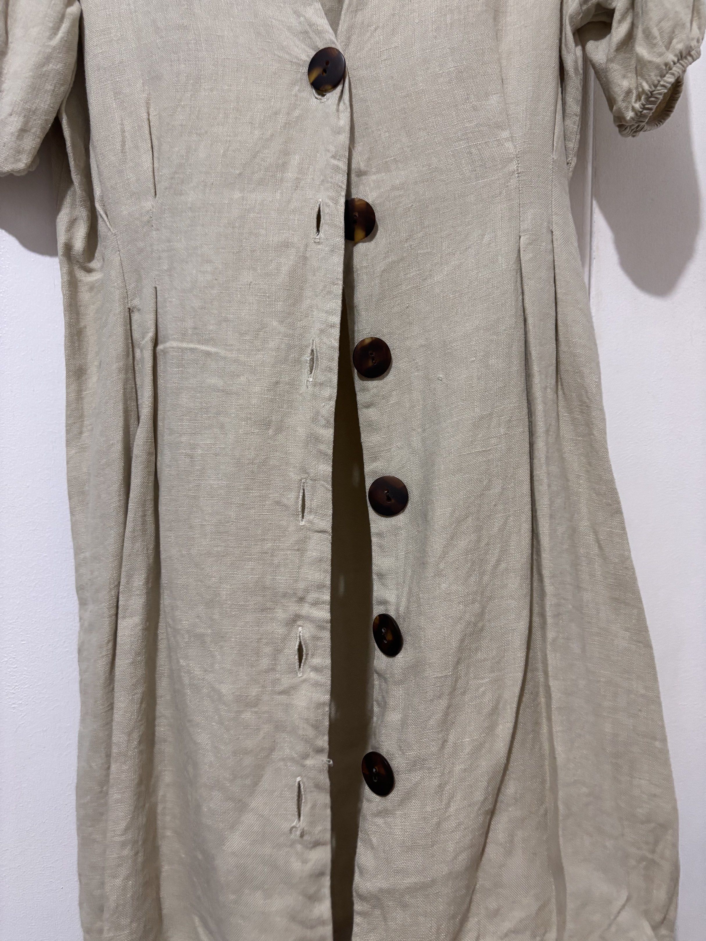 Zara Linen Dress (Category: Dresses) located in Pasig City. Submitted by pattycakez (Listing ID 1419526492, Image 2). Description: - Zara Basic dress - V-neckline - Button-down closure - Short, puffed sleeves - Tailored silhouette - Neutral beige color - Size: S - Made in Morocco.