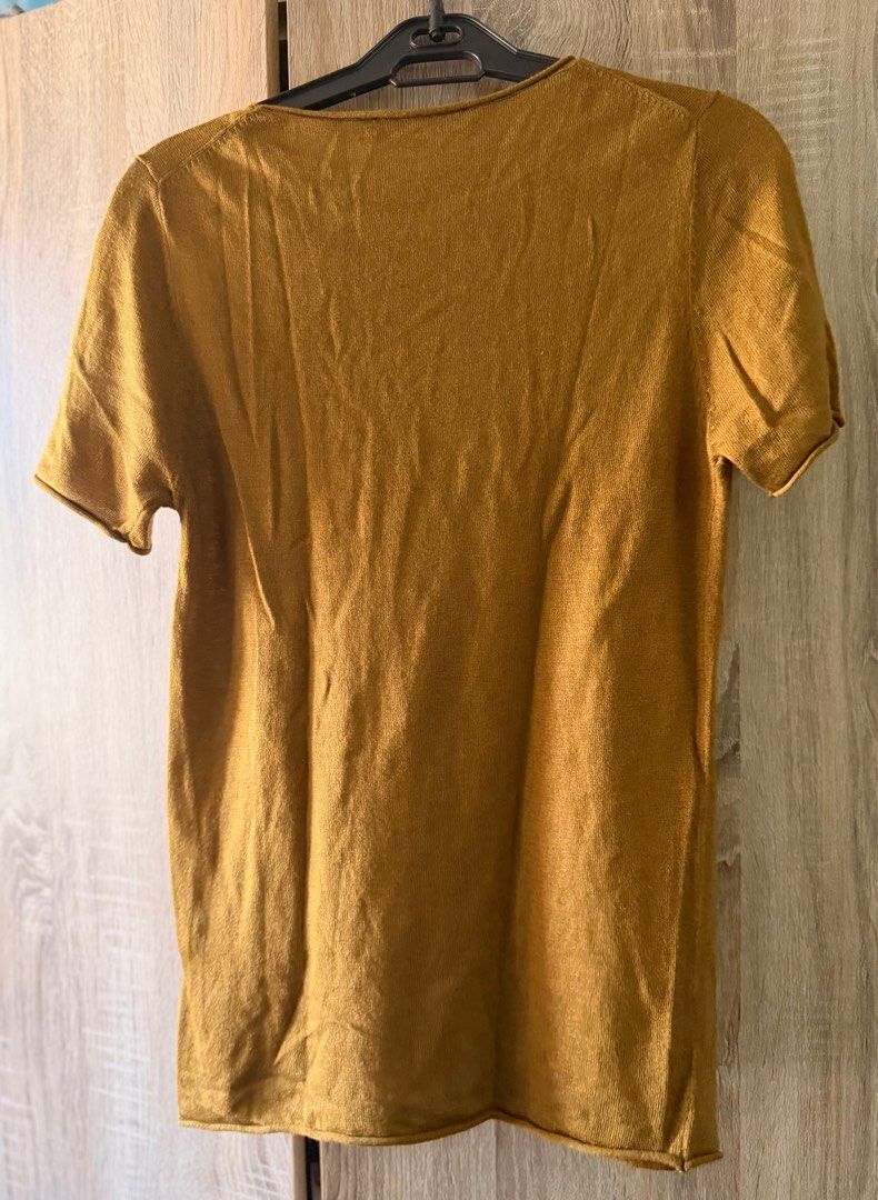 Zara Olive Green Knit Shirt (Category: Shirts) located in Quezon City. Submitted by closetsweeper11 (Listing ID 1419456922, Image 3). Description: Still in good condition. Size S is more XS-S for this knitted shirt. RFS: Weight gain .