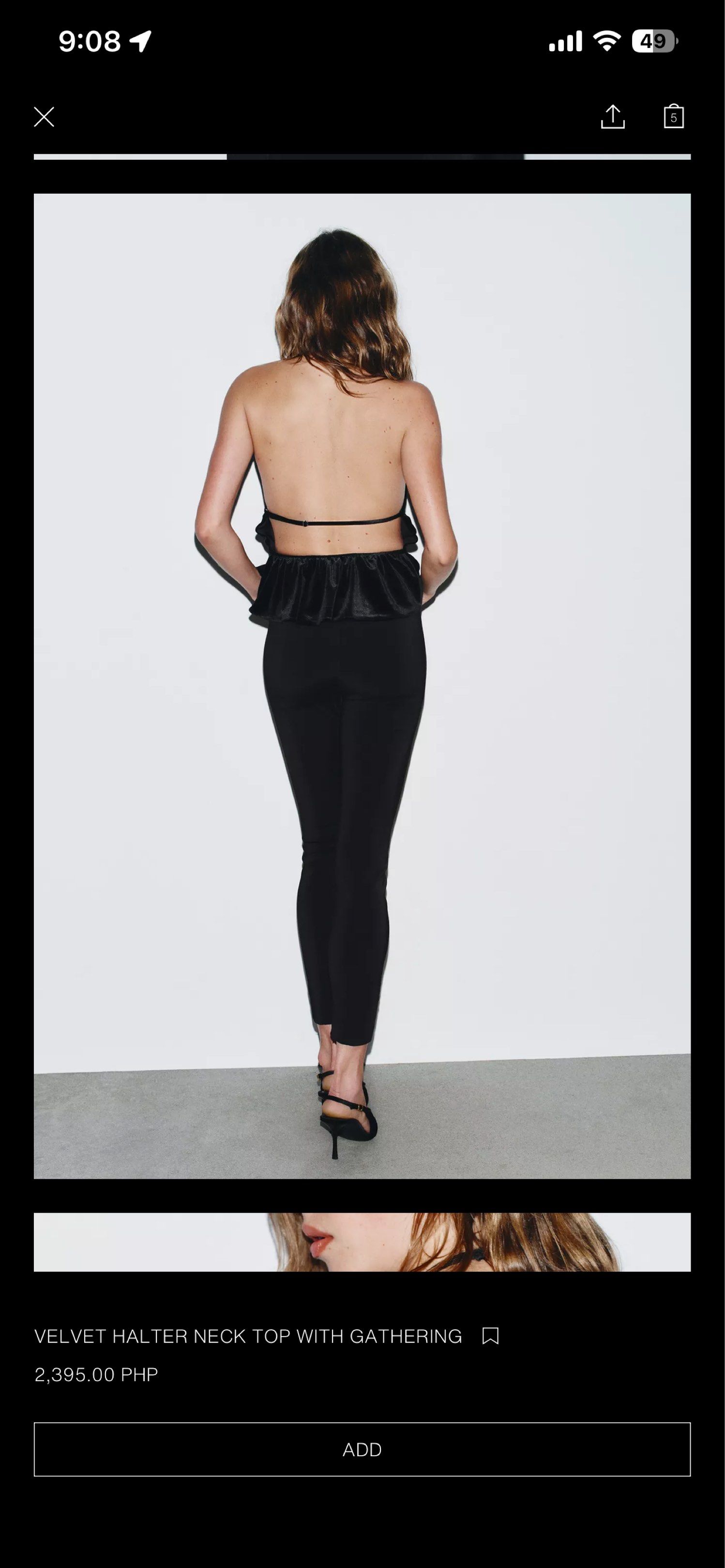 Zara Velvet Neck Top with gathering (Category: Sleeveless) located in Mandaluyong City. Submitted by justfits_ (Listing ID 1419557110, Image 3). Description: Bought for Php2,395 With price tag Never worn.