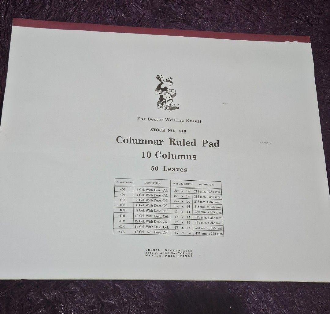 Accounting Columnar Ruled Pad 10 Columns 50 Leaves (Category: Laptops & Notebooks) located in Pasay City. Submitted by reccaaaa (Listing ID 1419718172, Image 1). Description: - columnar pad 10 columns - perfect for accounting students RFS: hindi na gagamitin, working na Location: Pasay.