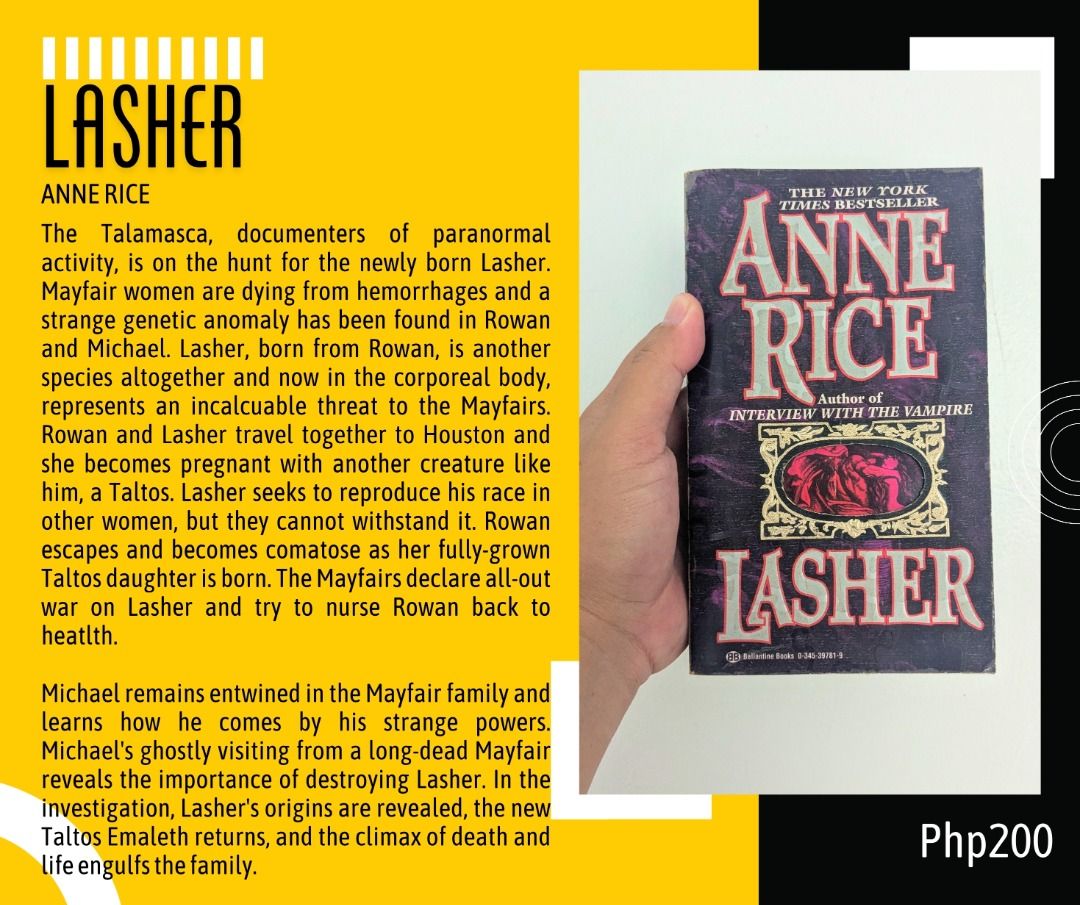 Assorted Anne Rice novels (Category: Storybooks) located in Bacolod City. Submitted by eightsmine (Listing ID 1419745720, Image 2). Description: I'm parting with my book collection to buy my books for law school. <3 💛pre-loved and used, some are in perfect condition, some may come with a sticker name, some markings, minimal creases, tanning, foxing, and shelf wear 📚 prices indicated in each photo 🫰MOP: GoTyme/Maya/BDO 📦Flash Express/LBC Expre