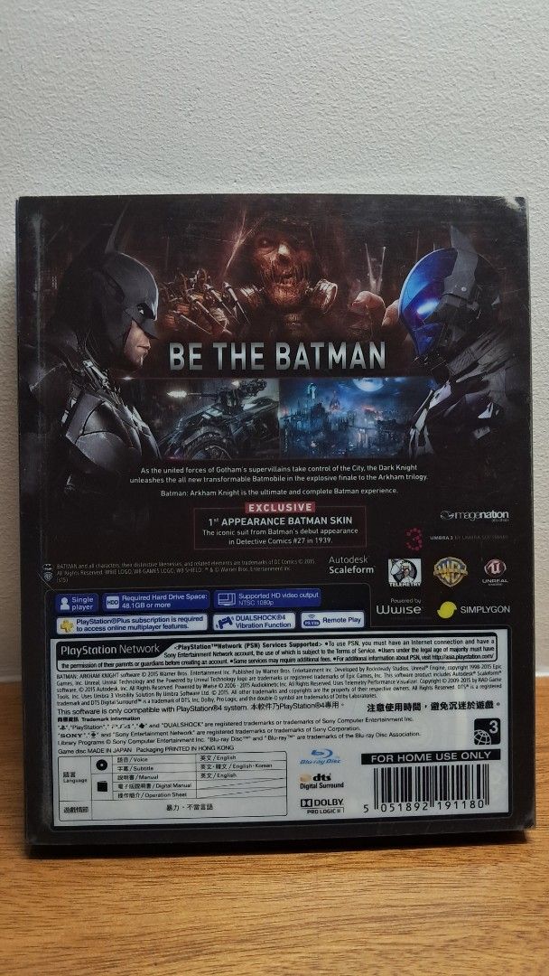 Batman: Arkham Knight | PS4 Special Edition (Category: PlayStation) located in Manila. Submitted by cobydog (Listing ID 1419697213, Image 2). Description: BATMAN: ARKHAM KNIGHT The item includes the ff: - Game disc. - Steelbook case. - Red Hood Story Pack DLC. - Scarecrow Nightmare Missions DLC. - 1st Appearance Batman Skin DLC. - WayneTech Booster Pack DLC. The item is valid for PS4, PS4 Slim, & PS4 Pro..
