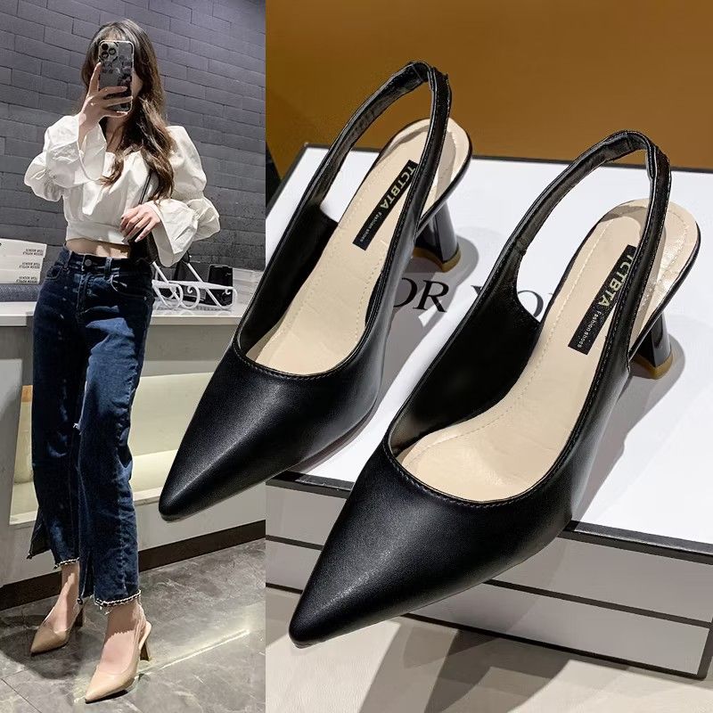 Black Pointed Slingback Heels (Category: Heels) located in Caloocan City. Submitted by dyubella (Listing ID 1419645194, Image 2). Description: - Black slingback heels - Pointed toe - Mid-height block heel - Size 38 - Leather-like material - Suitable for casual and formal wear.