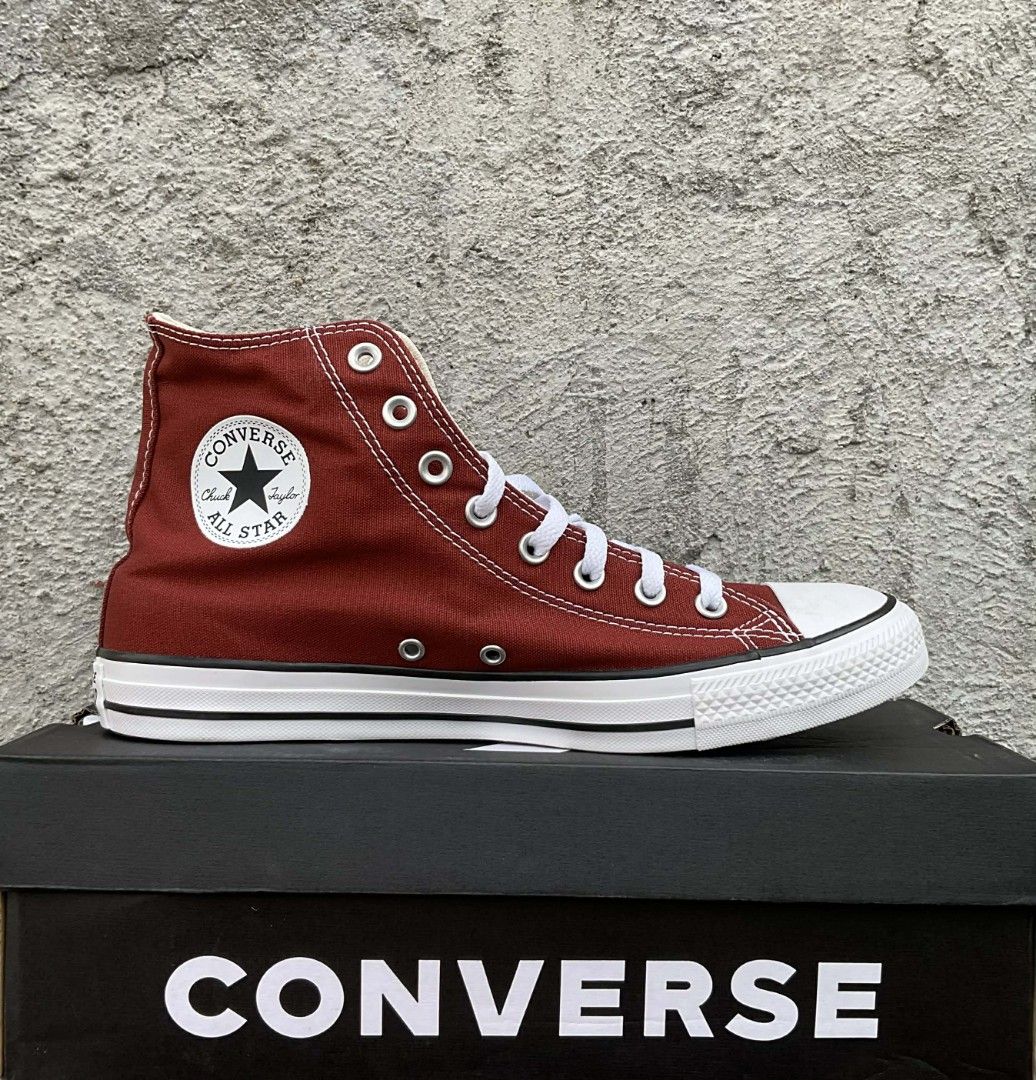 Converse Chuck Taylor All Star High Top - Maroon (Category: Sneakers) located in Zamboanga. Submitted by weartogobyco. (Listing ID 1419756174, Image 1). Description: - Maroon Converse Chuck Taylor All Star high-top sneakers - Iconic Converse All Star patch - White laces and toe cap - Brown sole with Converse logo - Comes with original box.