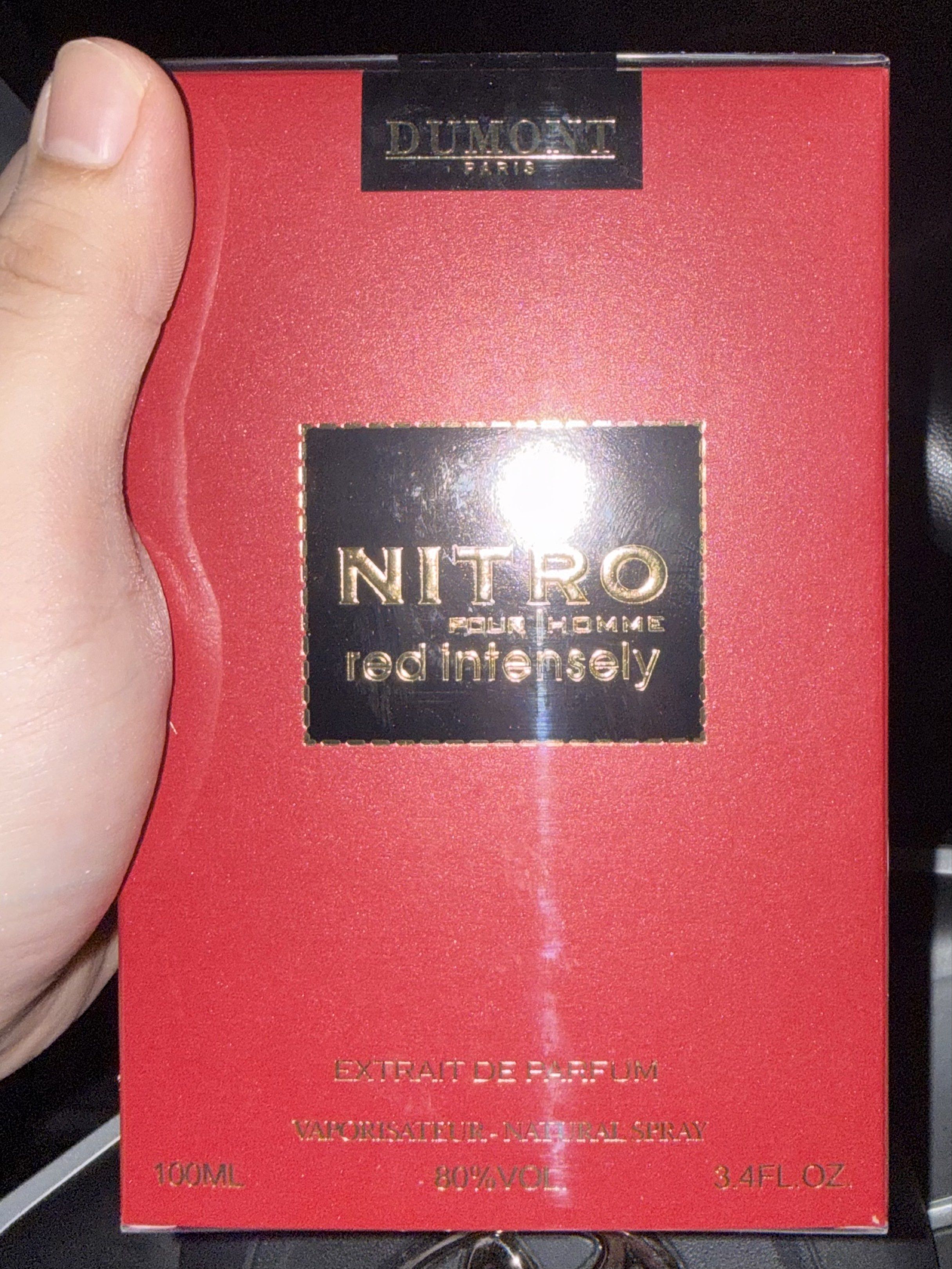 Dumont Nitro Red Intensely 100ml (Category: Fragrance & Deodorants) located in Caloocan City. Submitted by aaronkimjm42685 (Listing ID 1419778928, Image 1). Description: - Dumont Nitro Red Intensely for Men - 100ml bottle - Extrait de parfum - Natural spray - Red box with gold lettering - Made in Paris.