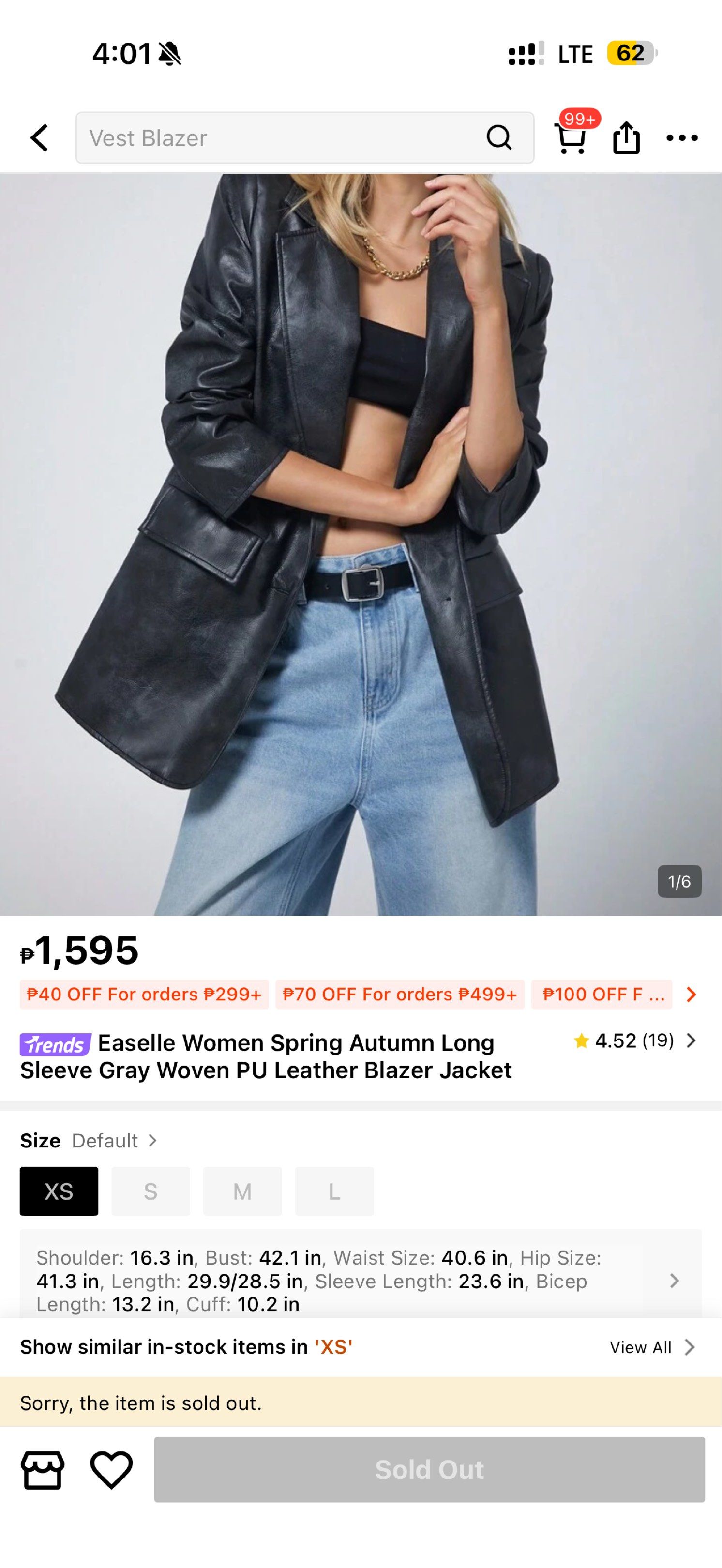 Women PU Leather Blazer Jacket (Category: Coats, Jackets and Outerwear) located in Malolos. Submitted by janegry (Listing ID 1419727259, Image 2). Description: Shoulder: 16.3 in, Bust: 42.1 in, Waist Size: 40.6 in, Hip Size:41.3 in, Length: 29.9/28.5 in, Sleeve Length: 23.6 in, Bicep Length: 13.2 in, Cuff: 10.2 in Only used in Hong Kong last January .
