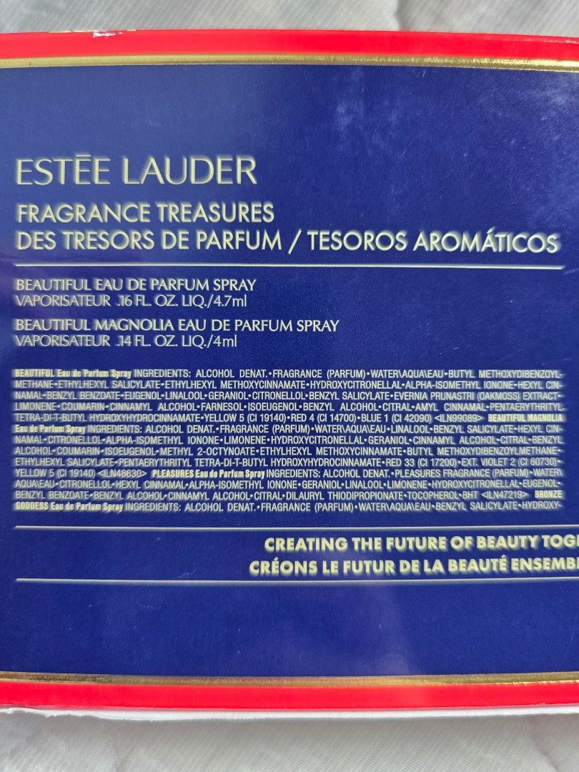 Estee Lauder Fragrance Treasures Set (Category: Fragrance & Deodorants) located in Muntinlupa City. Submitted by mmmikay (Listing ID 1419624244, Image 3). Description: Estee Lauder Fragrance Treasures set. Includes four mini perfumes: Beautiful Eau de Parfum Spray Beautiful Magnolia Eau de Parfum Spray Pleasures Eau de Parfum Spray Bronze Goddess Eau de Parfum Spray RFS: Decluttering Location: Muntinlupa City.