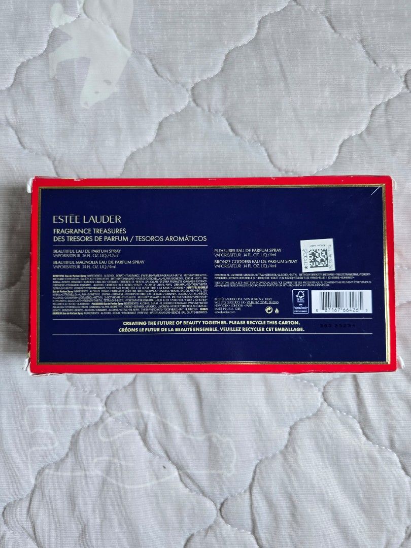 Estee Lauder Fragrance Treasures Set (Category: Fragrance & Deodorants) located in Muntinlupa City. Submitted by mmmikay (Listing ID 1419624244, Image 2). Description: Estee Lauder Fragrance Treasures set. Includes four mini perfumes: Beautiful Eau de Parfum Spray Beautiful Magnolia Eau de Parfum Spray Pleasures Eau de Parfum Spray Bronze Goddess Eau de Parfum Spray RFS: Decluttering Location: Muntinlupa City.
