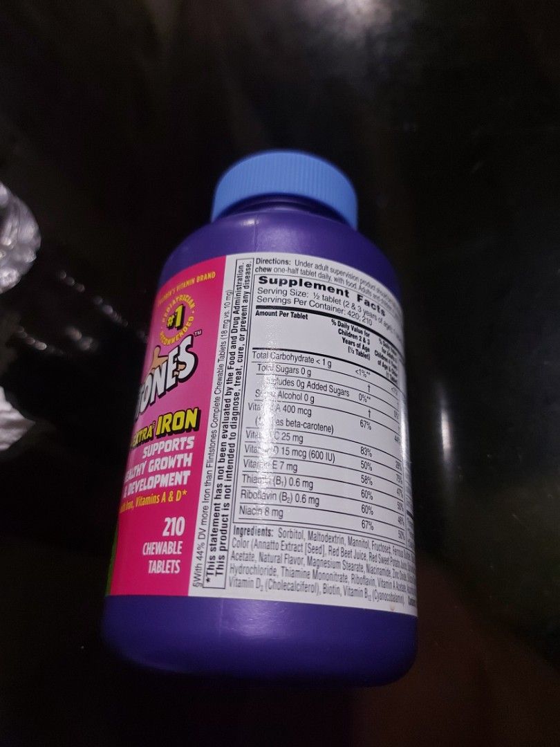 Flintstones Extra Iron Chewable Tablets (Category: Health Food, Drinks & Tonics) located in Dumaguete. Submitted by kaye_1216 (Listing ID 1419768913, Image 3). Description: Flintstones Extra Iron chewable vitamins. Supports healthy growth with iron and vitamins. 210 tablets. Expires 07/2026..