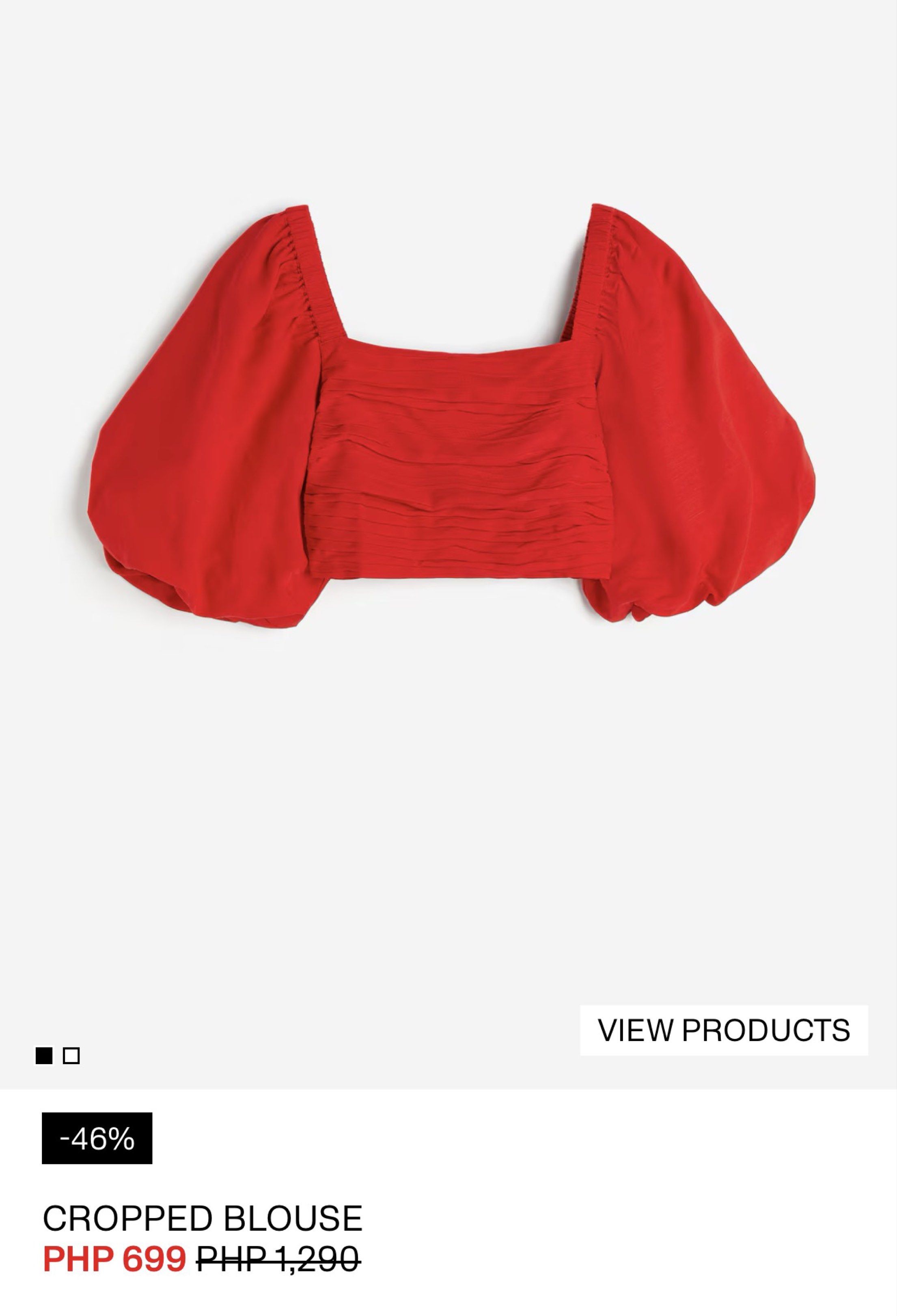 H&M Puffsleeves Red Cropped Blouse (Category: Blouses) located in Bacoor. Submitted by conclaseph (Listing ID 1419639173, Image 1). Description: - Red cropped blouse - Square neckline - Puff sleeves - Ruched front design -brand new with tag.