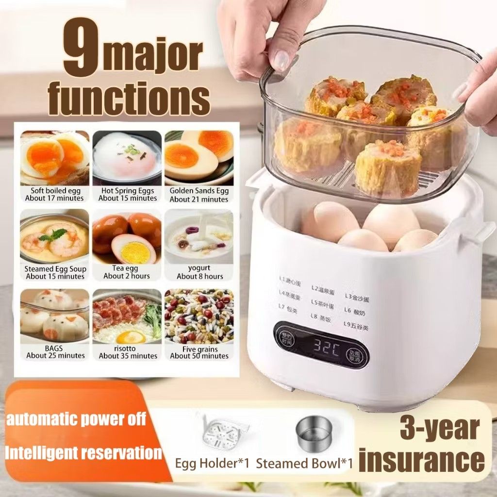 KECREA Multi-Function Egg Steamer (Category: Cookers) located in Kuala Lumpur. Submitted by prelovedbynani (Listing ID 1419747847, Image 2). Description: •KECREA egg steamer offers 9 major functions, including soft-boiled eggs, steamed egg soup, and yogurt. It features an automatic power-off function and intelligent reservation. •The steamer comes with an egg holder and a steamed bowl. It can also steam rice and whole grains. •The digital display