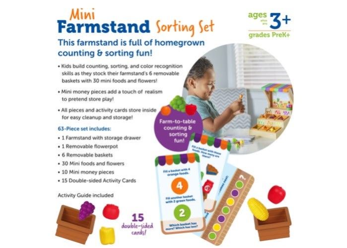 Learning Resources Mini Farmstand Sorting Set (Category: Educational & Learning Toys) located in Imus. Submitted by chie0308 (Listing ID 1419680631, Image 3). Description: - Mini Farmstand Sorting Set - Includes: Farmstand with drawer, flowerpot, 6 baskets, 30 mini foods/flowers, 10 money pieces, and 15 activity cards. - Develops counting, sorting, and color recognition skills. - Fun and educational!.