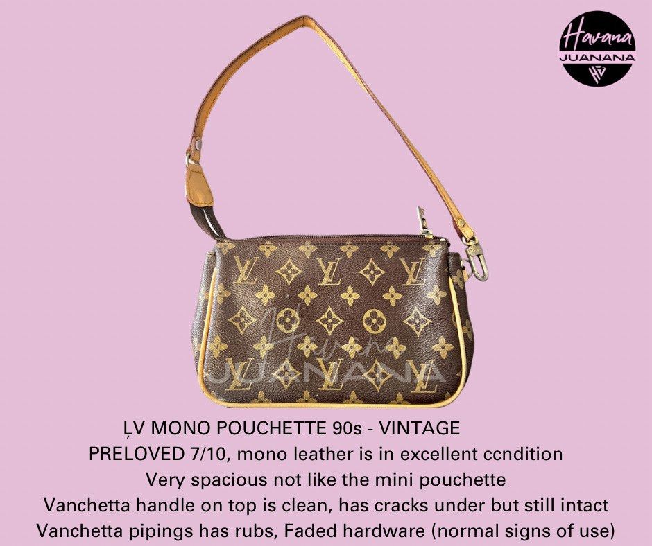 LV Mono Pouchette 90s Vintage (Category: Luxury Bags & Wallets) located in Pasig City. Submitted by wangderfulworld (Listing ID 1312814032, Image 1). Description: Preloved, 7/10 condition NGA ☑️ Very spacious, this is bigger (not like the mini pouchette) ☑️ Mono leather is in excellent condition ☑️ Vachetta handle has no cracks on top part, only under it but still intact ☑️ Vachetta piping has minimal rubs (signs of use), but no cracks/tear ☑️ Fa