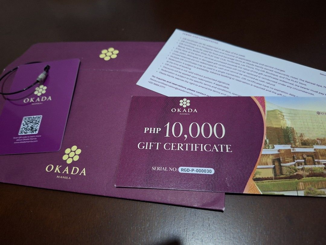 Okada Gift Checks 20k pesos (Category: Store Credits) located in Manila. Submitted by newwater.828c48 (Listing ID 1419758484, Image 1). Description: For 17k pesos only. ♤No expiry ♤Transferrable ♤Can be used Mondays to Sundays ♤Can be used in any of Okada-affiliate/partner stores, boutique, shops, casino, hotels, accommodations, etc. Still negotiable. Pm..