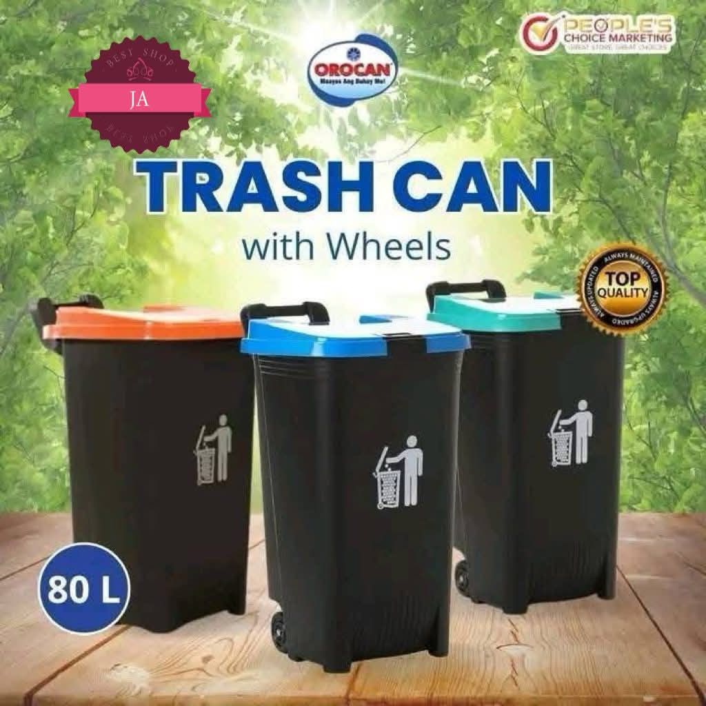 Orocan Trash Can with Wheels 80L (Category: Storage Boxes & Baskets) located in Manila. Submitted by yzlshop (Listing ID 1419589552, Image 1). Description: - Orocan 80-liter trash cans - Available in various lid colors - Equipped with wheels for easy movement - Features a convenient handle - Includes graphic for proper waste disposal - Durable design for indoor and outdoor use.