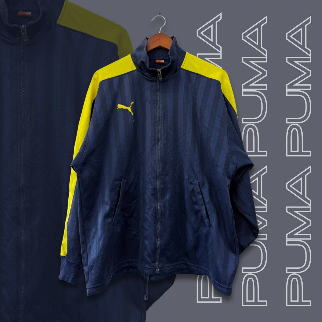 PUMA Dual Colored Track Jacket (Category: Coats, Jackets and Outerwear) located in Imus. Submitted by mbplph (Listing ID 1419703501, Image 1). Description: (PUMA) Dual Colored Track Jacket Size on Tag: L Dimensions: L 28 IN ~ W 24 IN Color: Navy Blue + Yellow MEN BY PENNYLAINEPH PRICE: ₱299 ⚠️ SHIPPING NOT INCLUDED (PRICE + SF) ⚠️ MINIMAL ISSUE - Tattered Back Print.