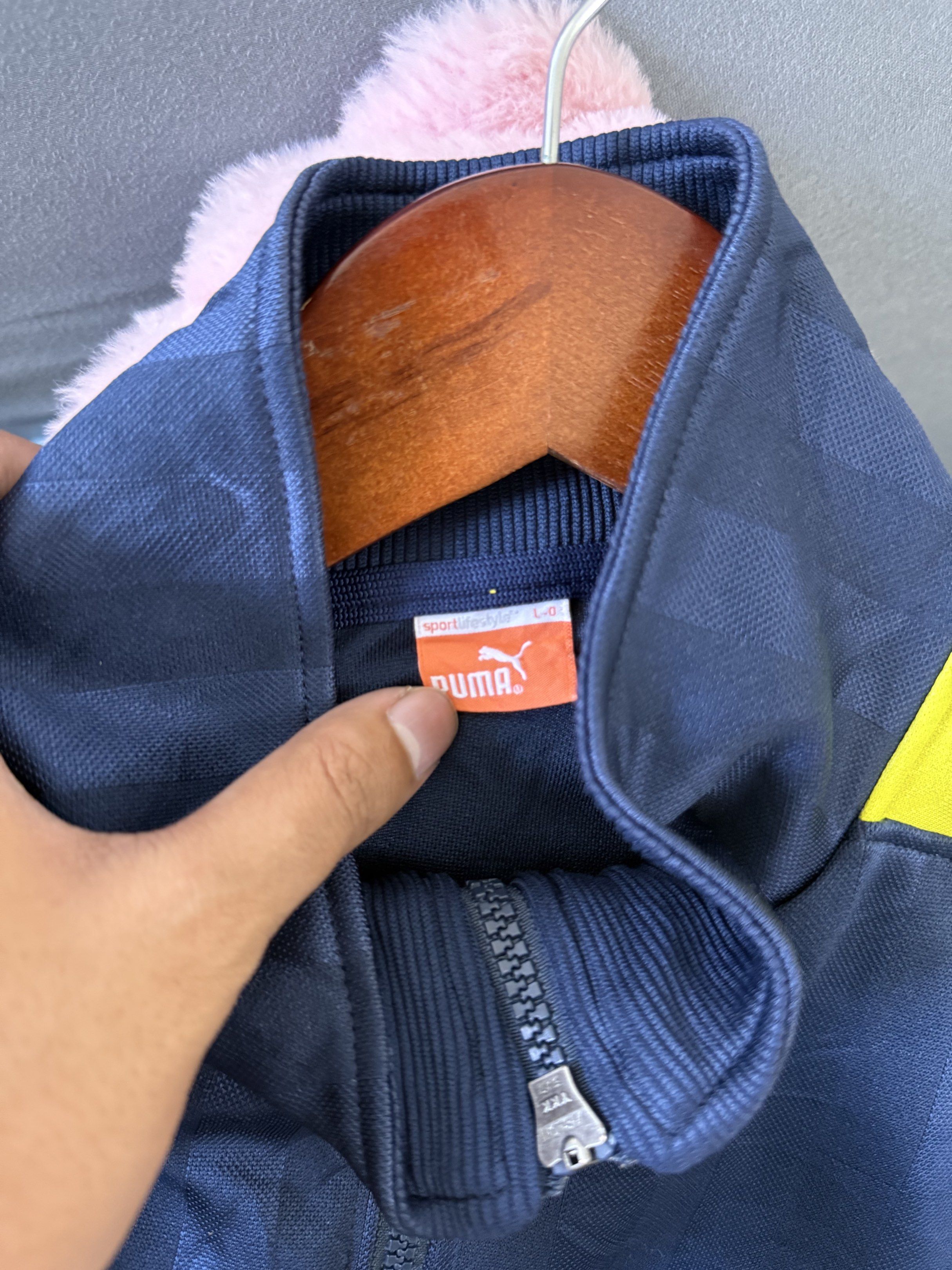 PUMA Dual Colored Track Jacket (Category: Coats, Jackets and Outerwear) located in Imus. Submitted by mbplph (Listing ID 1419703501, Image 3). Description: (PUMA) Dual Colored Track Jacket Size on Tag: L Dimensions: L 28 IN ~ W 24 IN Color: Navy Blue + Yellow MEN BY PENNYLAINEPH PRICE: ₱299 ⚠️ SHIPPING NOT INCLUDED (PRICE + SF) ⚠️ MINIMAL ISSUE - Tattered Back Print.