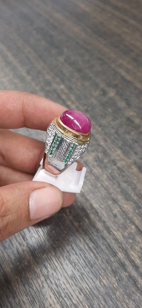 Ruby Gemstone Ring (Category: Rings) located in Singapore. Submitted by permataqolbu (Listing ID 1419745692, Image 2). Description: - Features a stunning ruby gemstone. - Gold and silver band. - Accented with green and clear stones. - Perfect for adding elegance to any look..