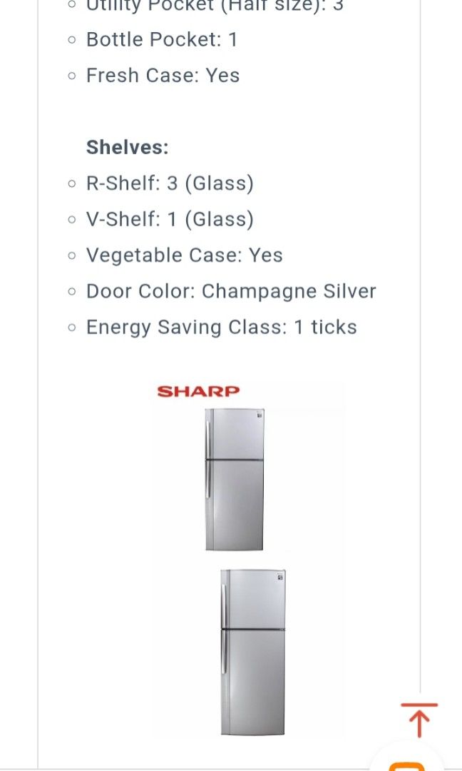 Sharp Fridge (Category: Refrigerators & Freezers) located in Singapore. Submitted by 16g00dstuff (Listing ID 1410729049, Image 6). Description: Well-used fridge, working well. Inside already cleaned. Buyer need to arrange own transport. specification is at picture 5th & 6th.