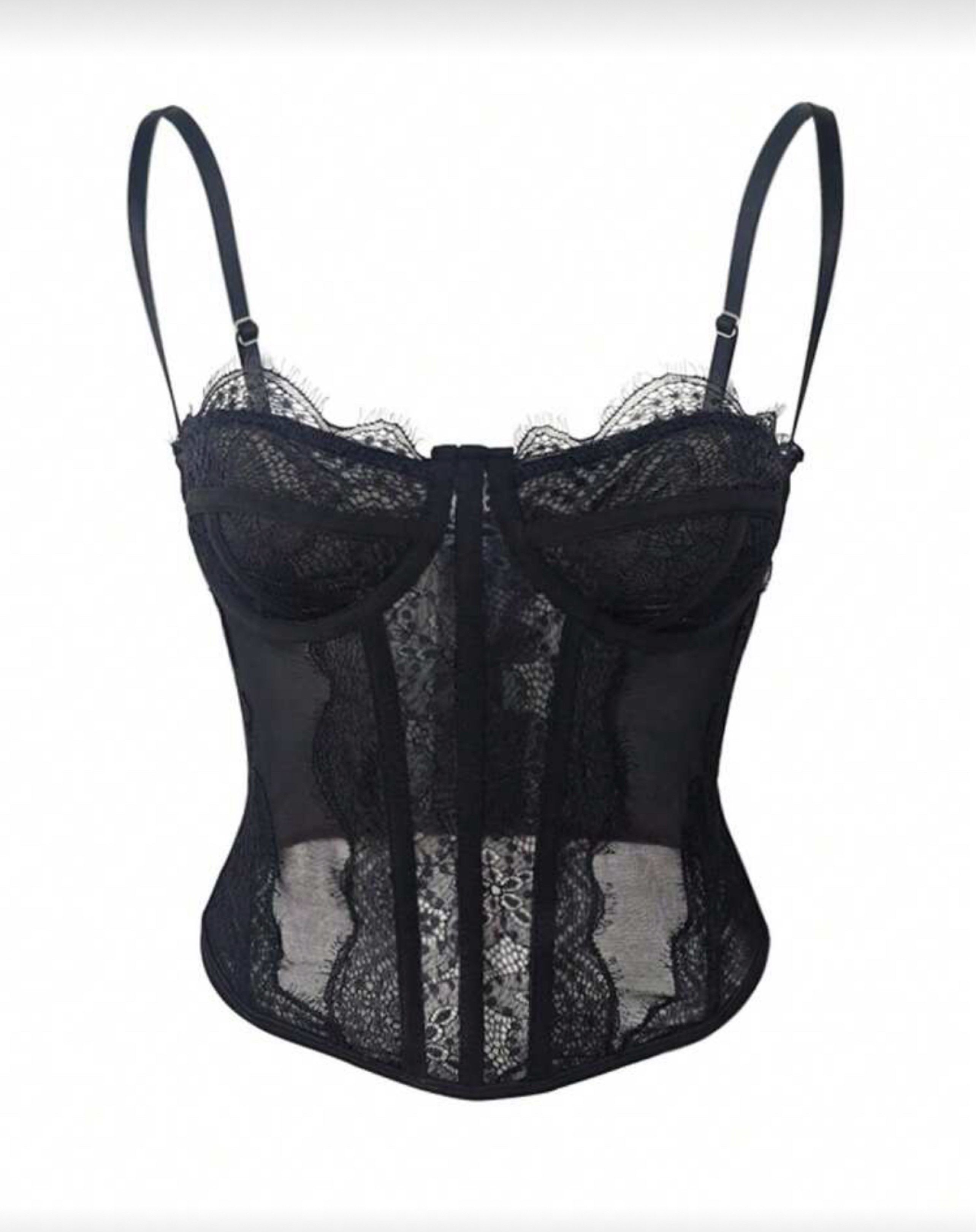 Shein Black Lace Corset Top (Category: Others Tops) located in Manila. Submitted by sl4ying (Listing ID 1419702173, Image 1). Description: - Black lace corset top - Adjustable straps - Hook-and-eye closure - Flattering silhouette - Perfect for layering or wearing alone - Versatile for different outfits.