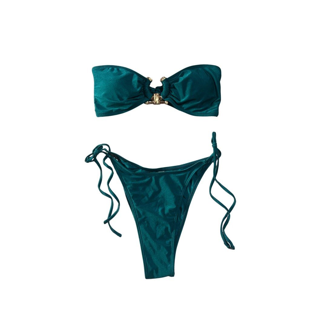 Teal Bikini with Gold Detailing (Rare Design) (Category: Bikinis & Swimsuits) located in Manila. Submitted by ekss11 (Listing ID 1419697263, Image 1). Description: not your basic swimwear 👀✨ rare design + premium fabric = main character energy 👙💎 if you want something na hindi common + super flattering, this is for you 💅 details: • brand new, never used 🤍 • premium, thick fabric (not see-through) • rare & unique design ✨ • comfy + flattering