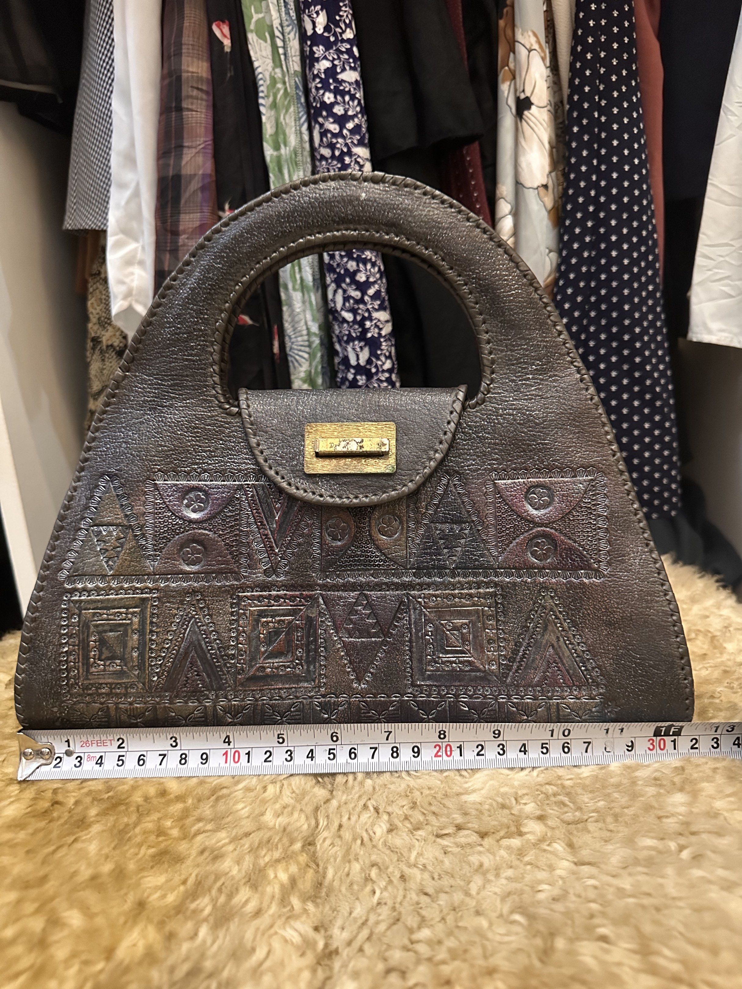 Vintage Handbag with Geometric Design (Category: Luxury Bags & Wallets) located in Digos. Submitted by puremountain.6f1756 (Listing ID 1419637331, Image 2). Description: - Vintage handbag - Unique geometric pattern - Japan made Tooled bag .